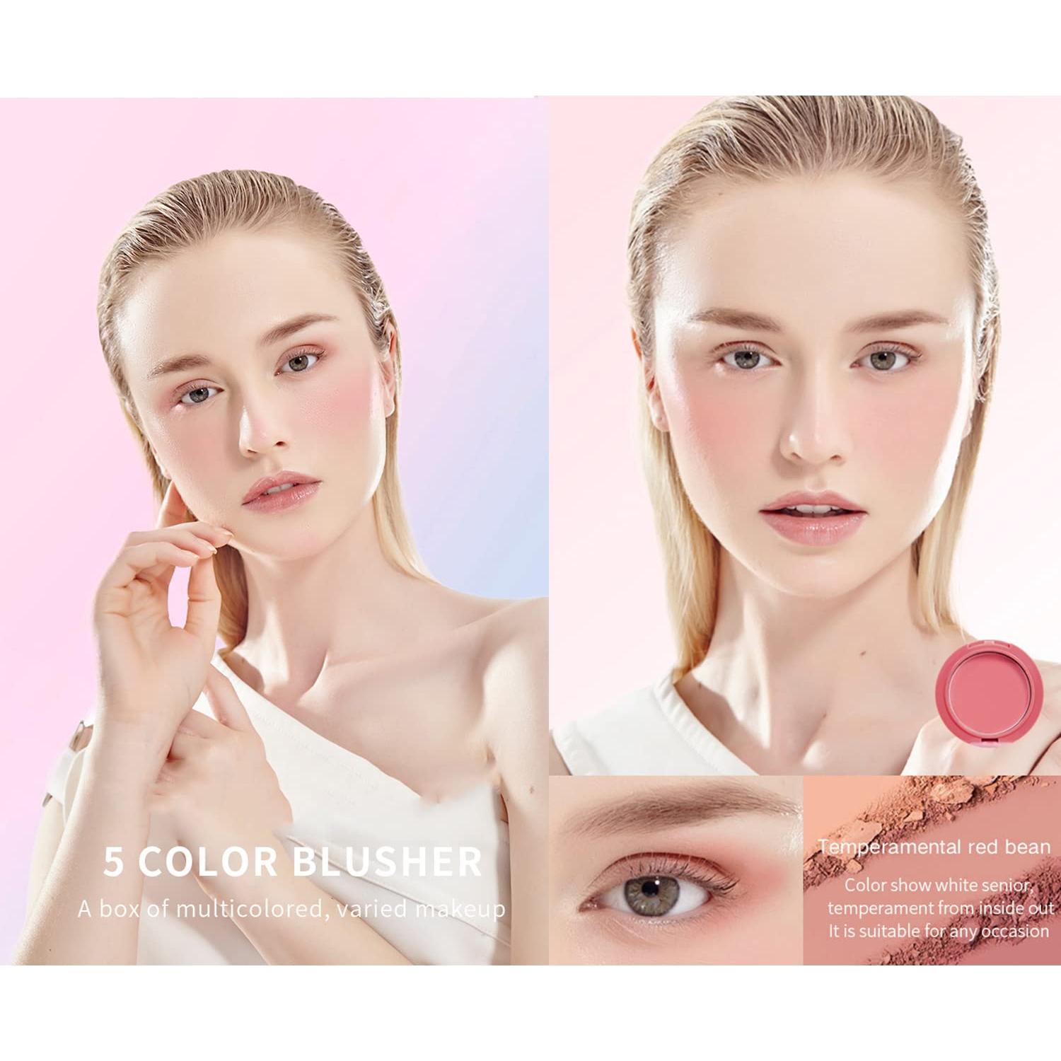 Paleta de Rubor Facial UCANBE 5 Colores Mate 40g con Espejo y Brocha