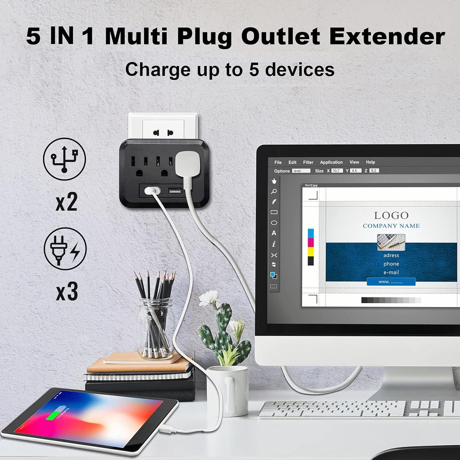 Extensor de Enchufe Múltiple ZHOORQI 5 en 1 con 2 USB 1875W