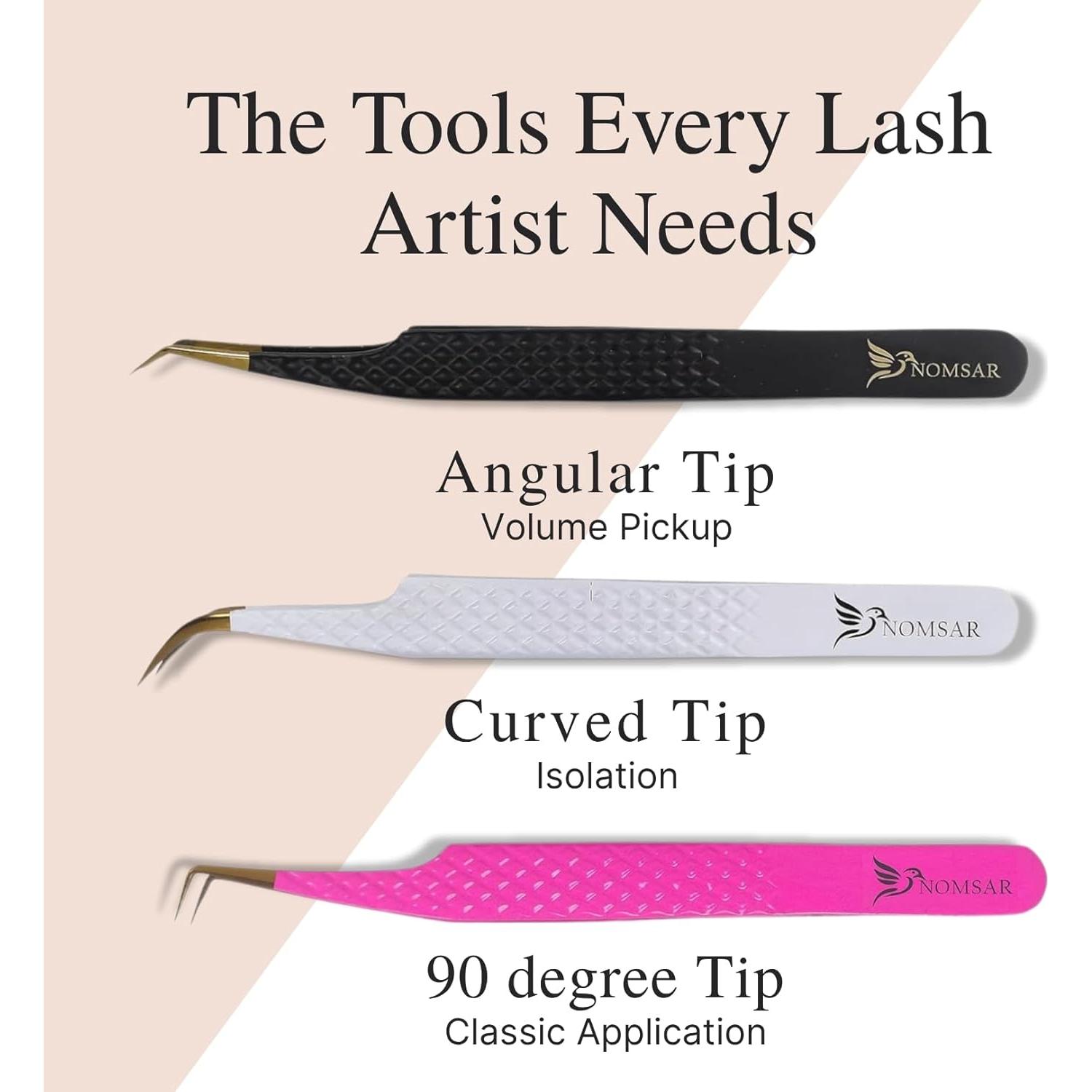 Pinzas para Extensiones de Pestañas NOMSAR - Set de 3 Acero Inoxidable