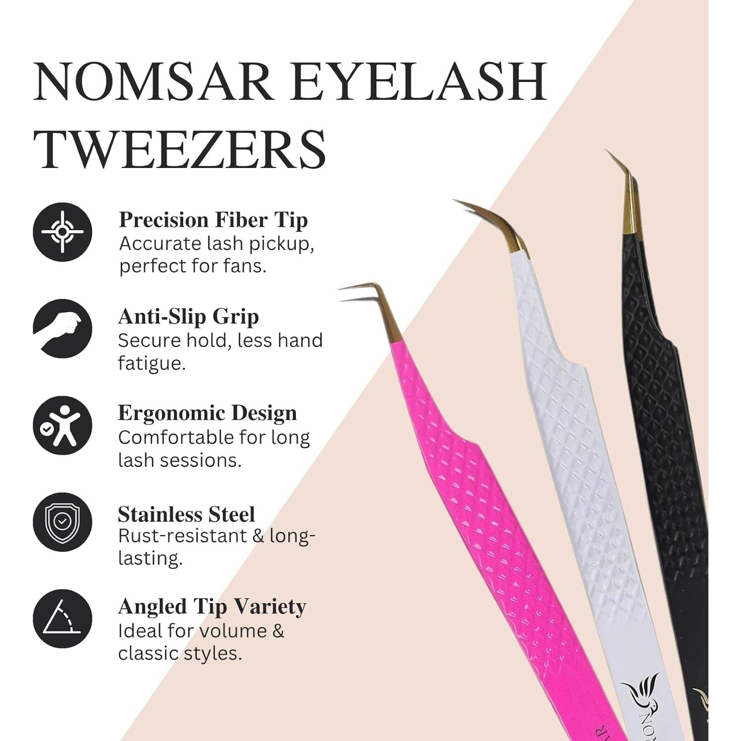 Pinzas para Extensiones de Pestañas NOMSAR - Set de 3 Acero Inoxidable