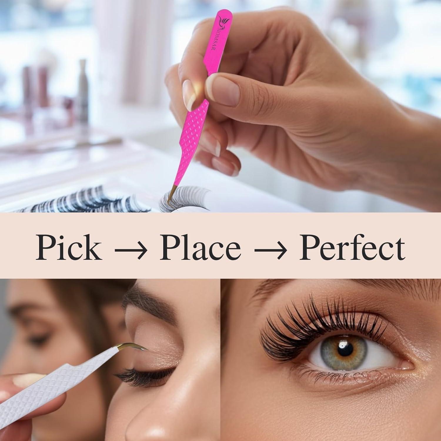 Pinzas para Extensiones de Pestañas NOMSAR - Set de 3 Acero Inoxidable