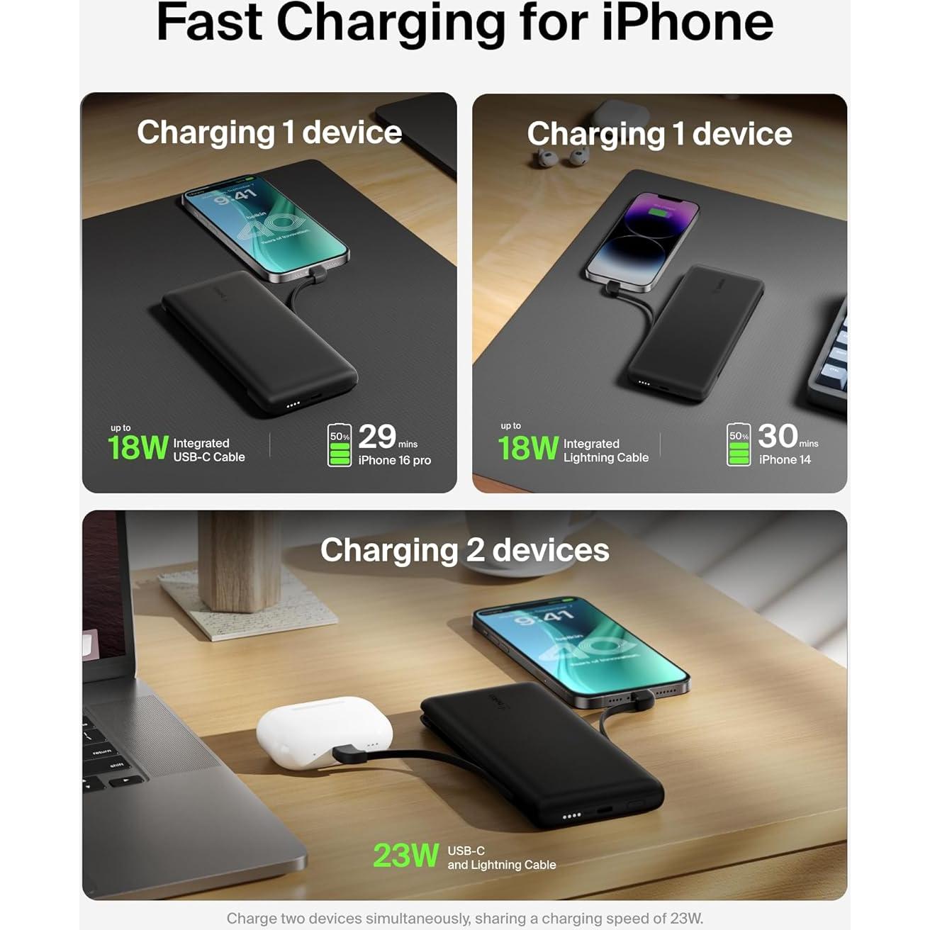 Cargador Portátil Belkin 10,000mAh USB-C y Lightning - Negro