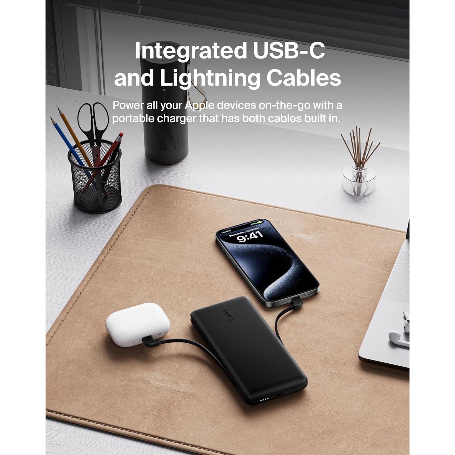 Cargador Portátil Belkin 10,000mAh USB-C y Lightning - Negro