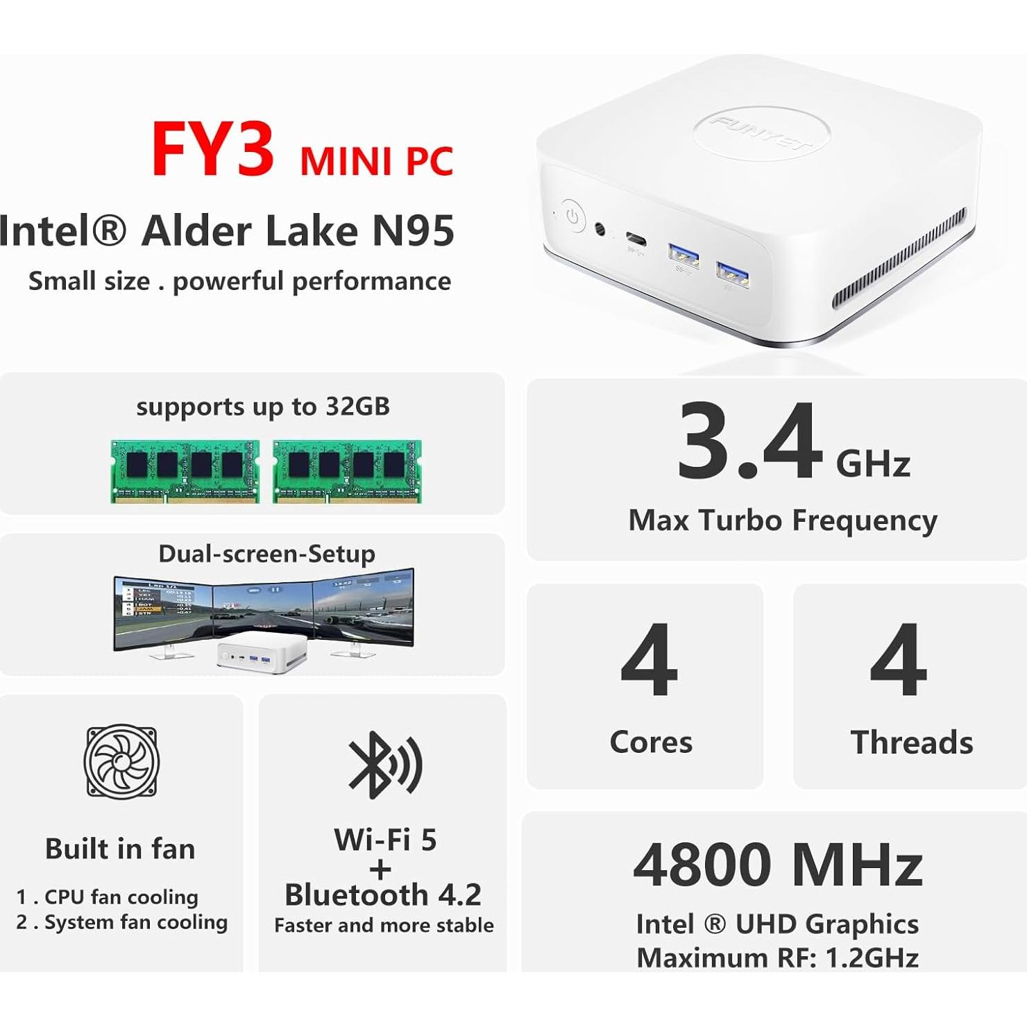Mini PC Gaming FUNYET FY3 Intel N95 16GB 1TB 4K Blanco