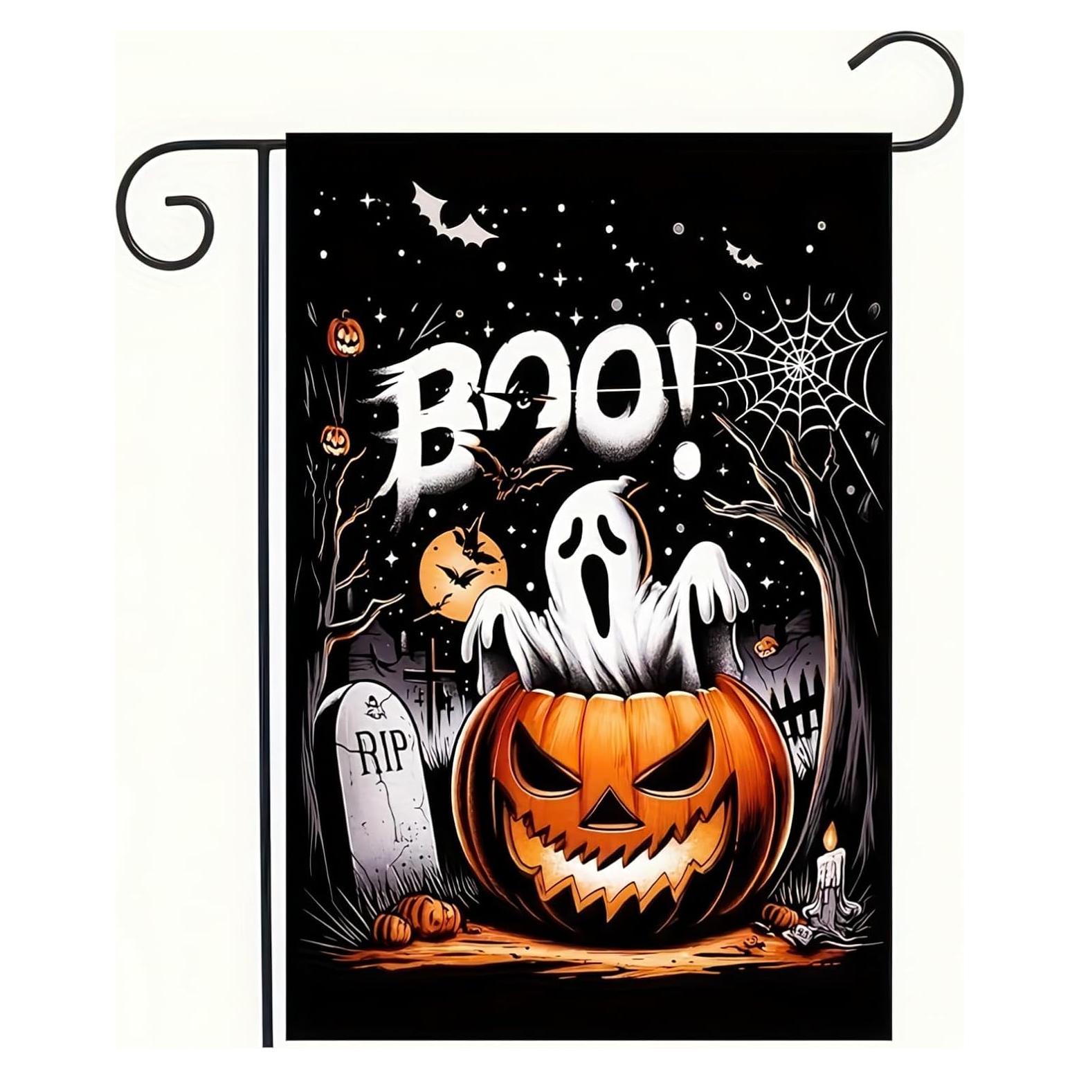 Bandera de Jardín Halloween Boo Gato Negro 30x46 cm Doble Cara