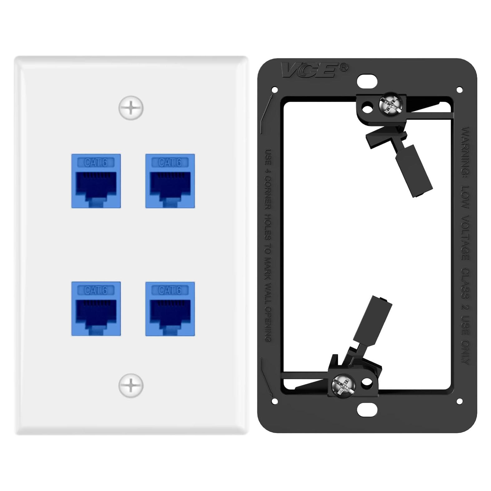 Placa de Pared Ethernet 4 Puertos VCE CAT6 Azul con Soporte