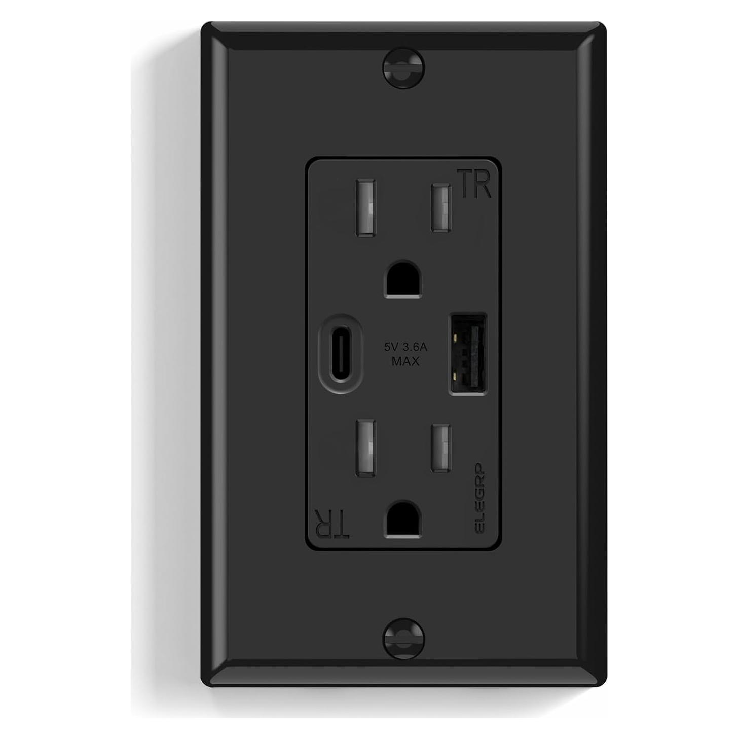 Toma de Pared ELEGRP 15A con Puertos USB A y C, Negro