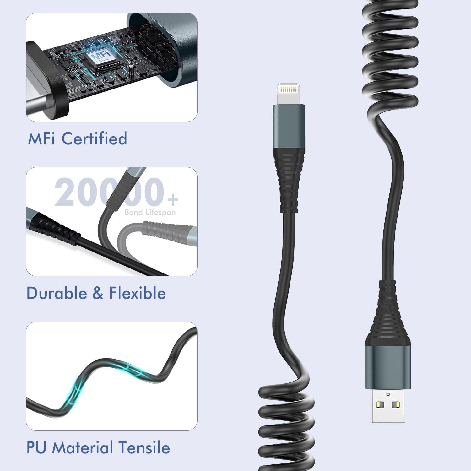 Cable de Carga Lightning en Espiral Heartbeats 3FT MFi - 2 Paquetes
