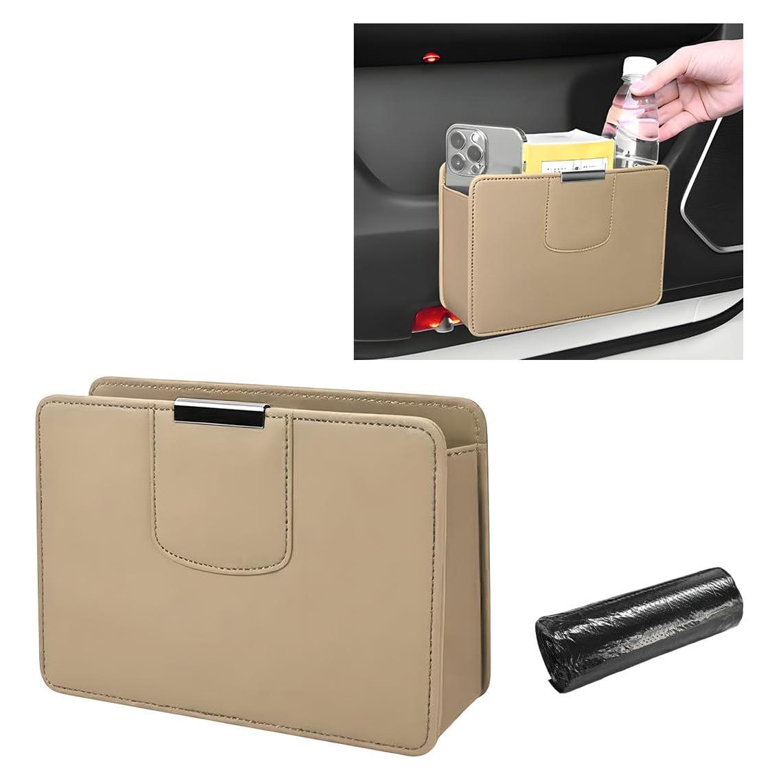 Basurero de Coche FSTURIOS Plegable de Cuero Beige Impermeable