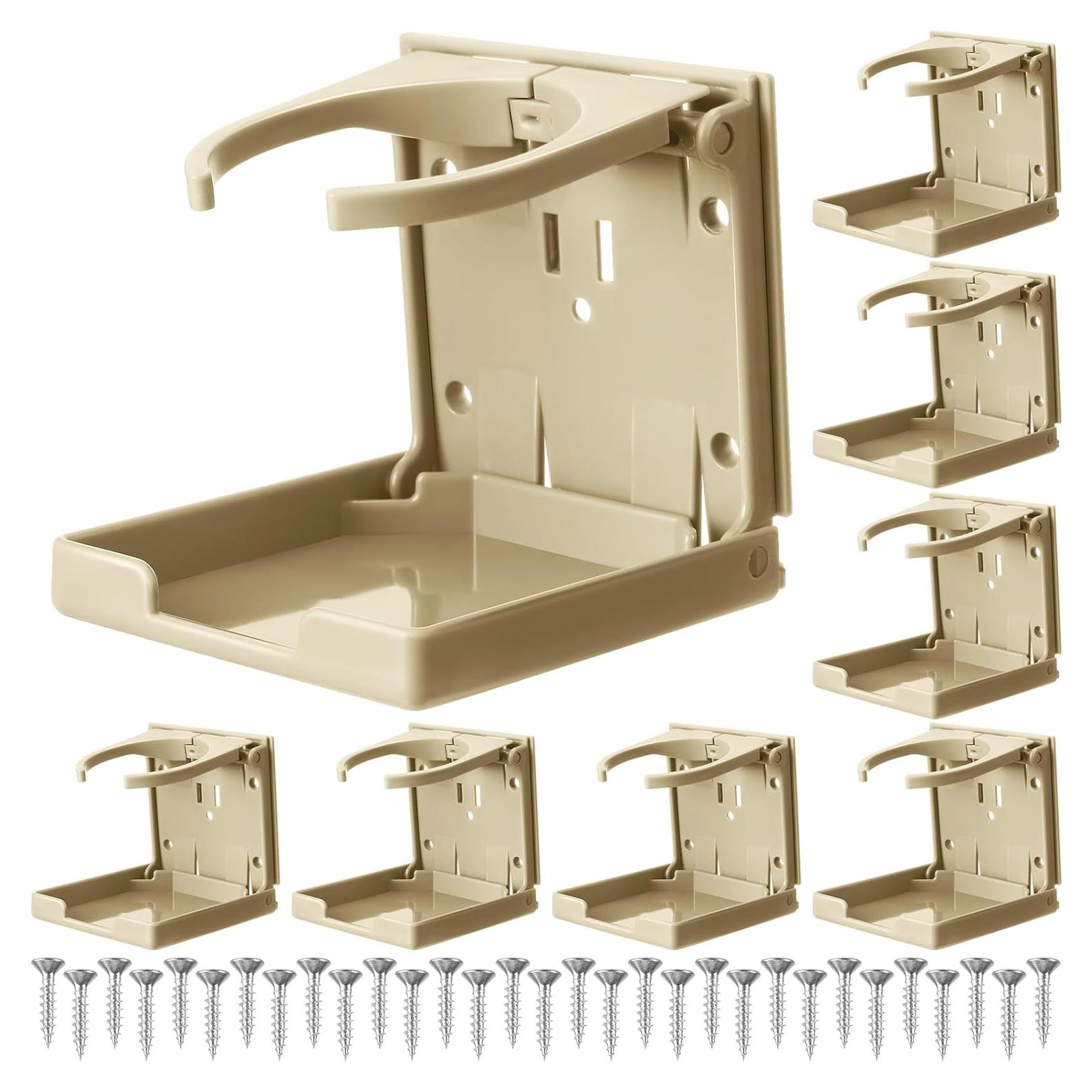 Tioncy 8 Pack Adjustable Cup Holder with Screws Universal Plastic Folding Wall Mounted Cup Holder for Water Beverage Bottle Caravan Autos Cars Trucks RVs Boats Accessories(Beige)