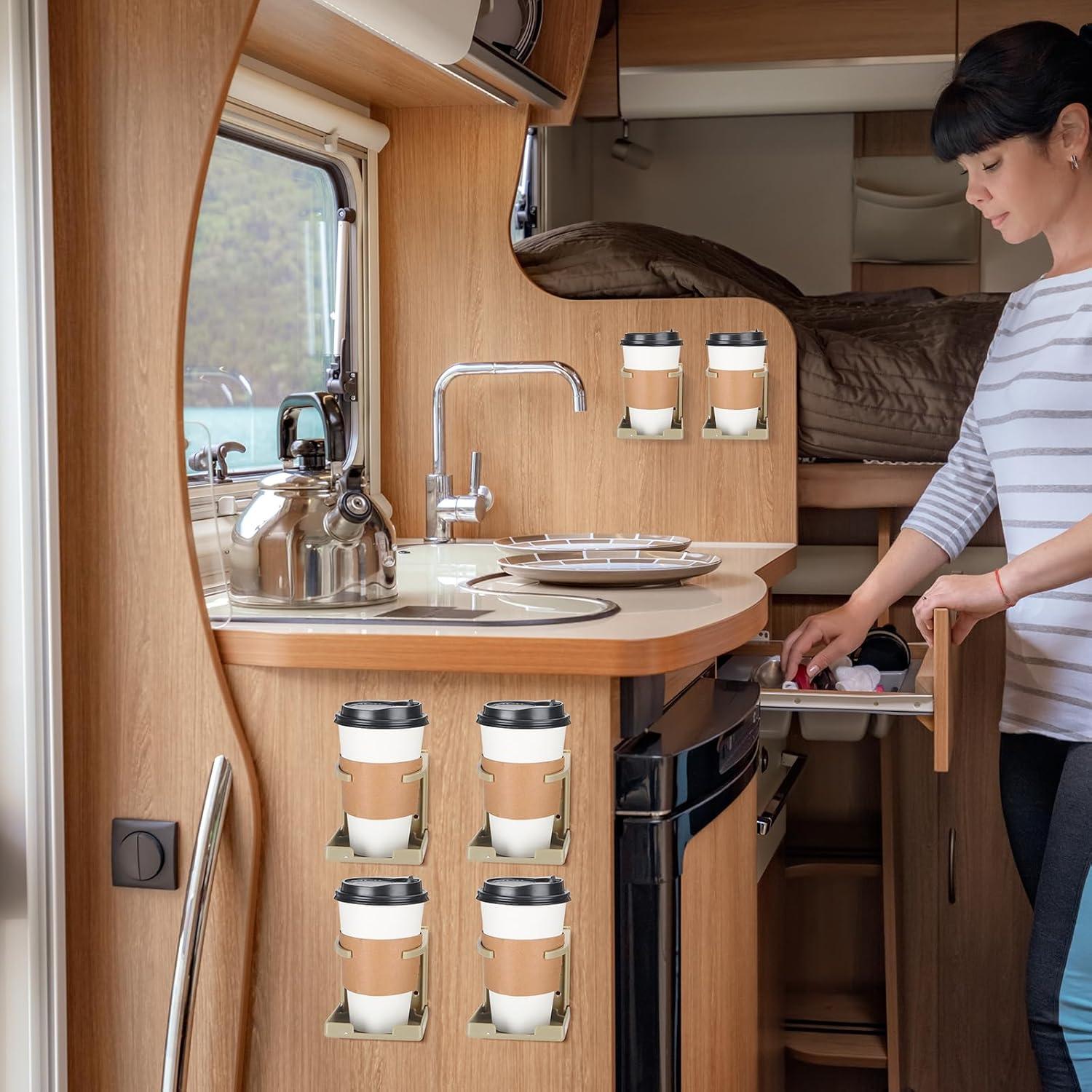 Tioncy 8 Pack Adjustable Cup Holder with Screws Universal Plastic Folding Wall Mounted Cup Holder for Water Beverage Bottle Caravan Autos Cars Trucks RVs Boats Accessories(Beige)