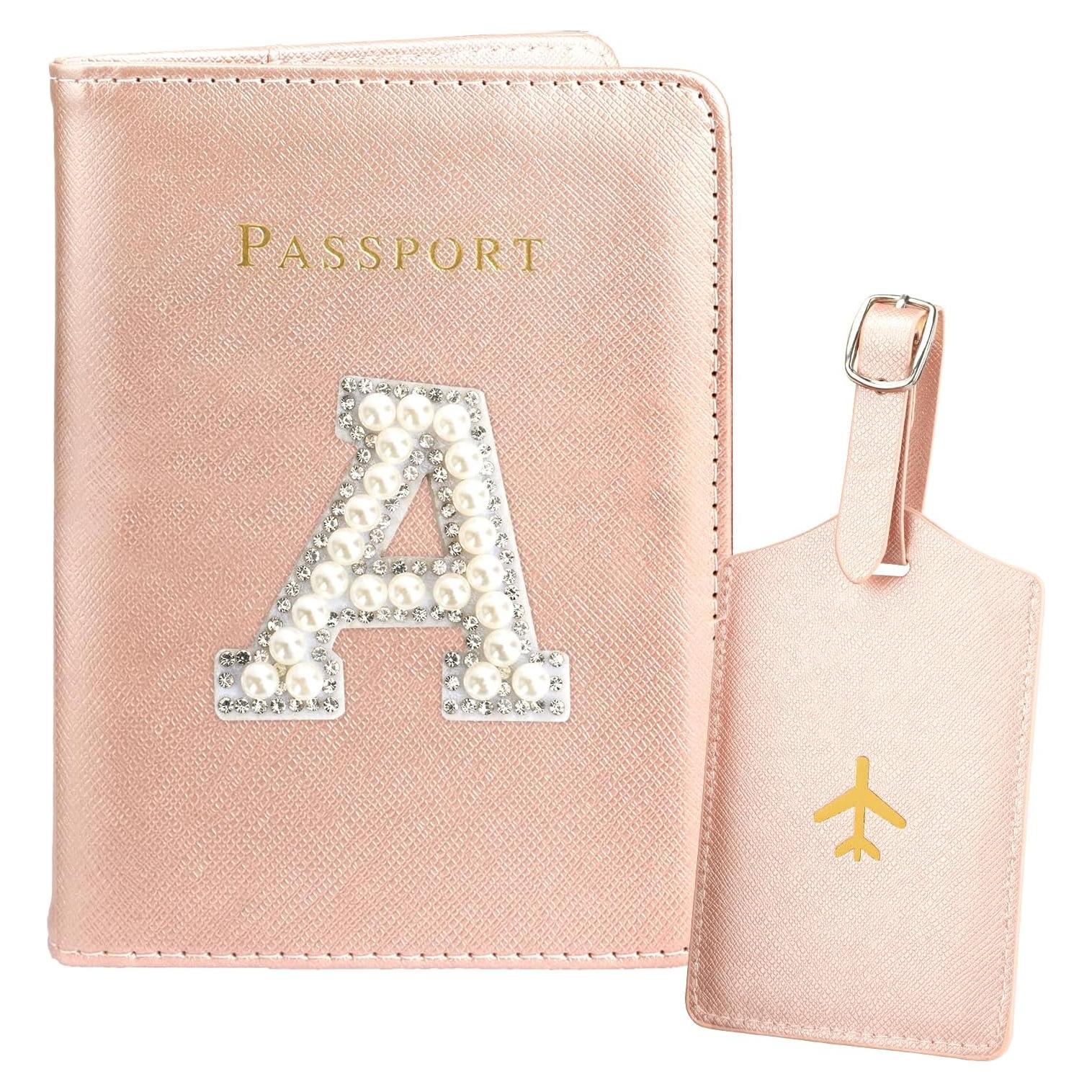 Conjunto Porta Pasaporte y Etiqueta de Equipaje Cuero Rosa