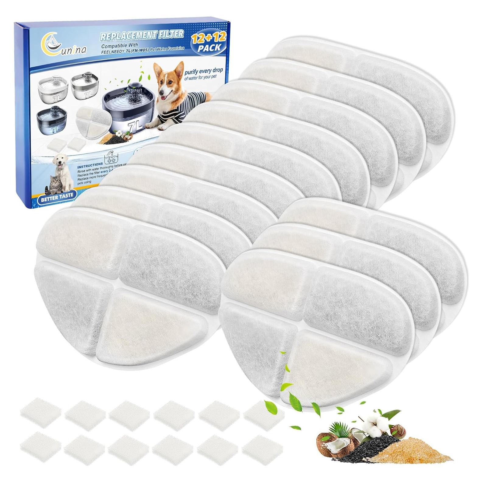 Paquete de 12 Filtros y 12 Esponjas para Fuente de Agua Cunina