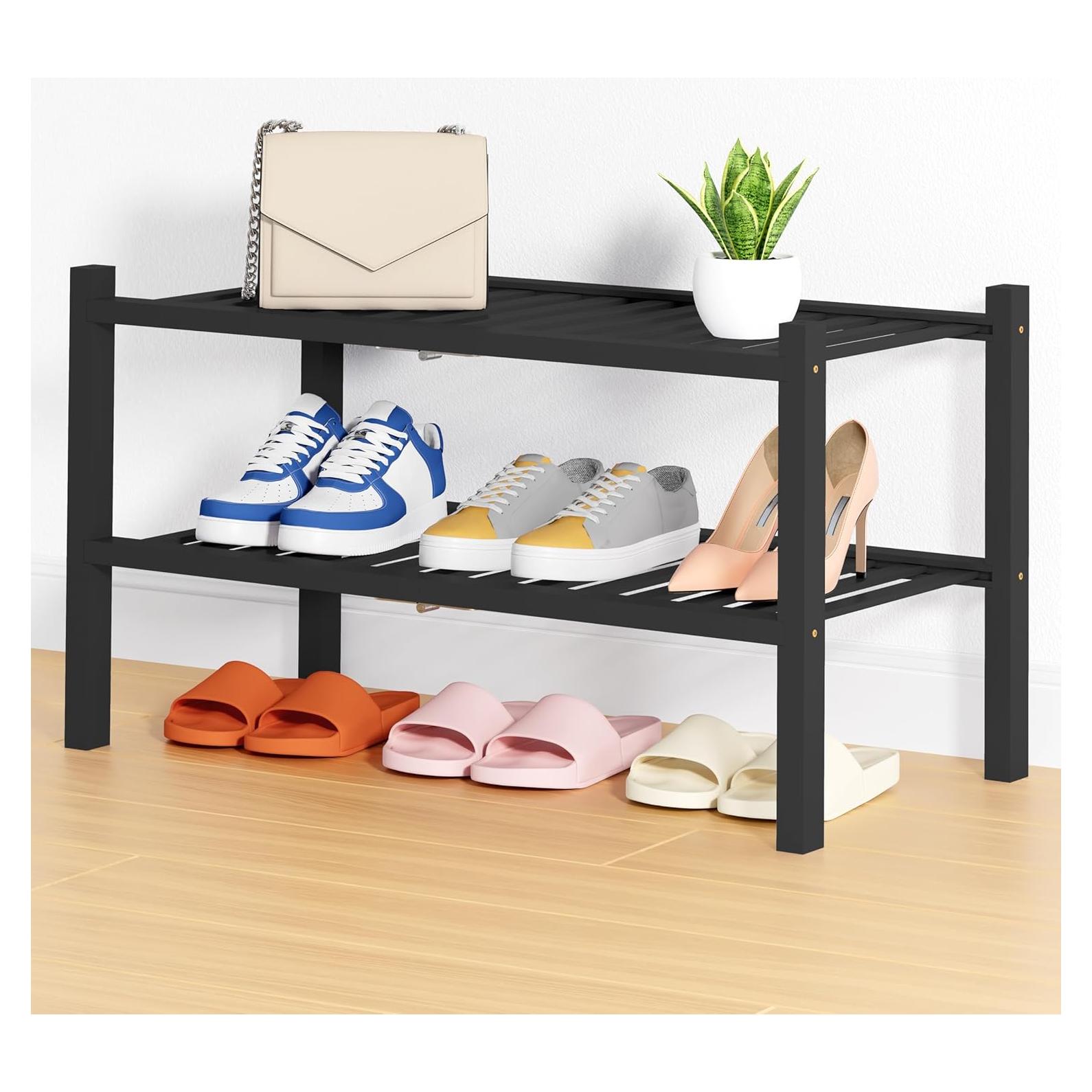Estante para zapatos Smiry de bambú negro, 2 niveles, apilable