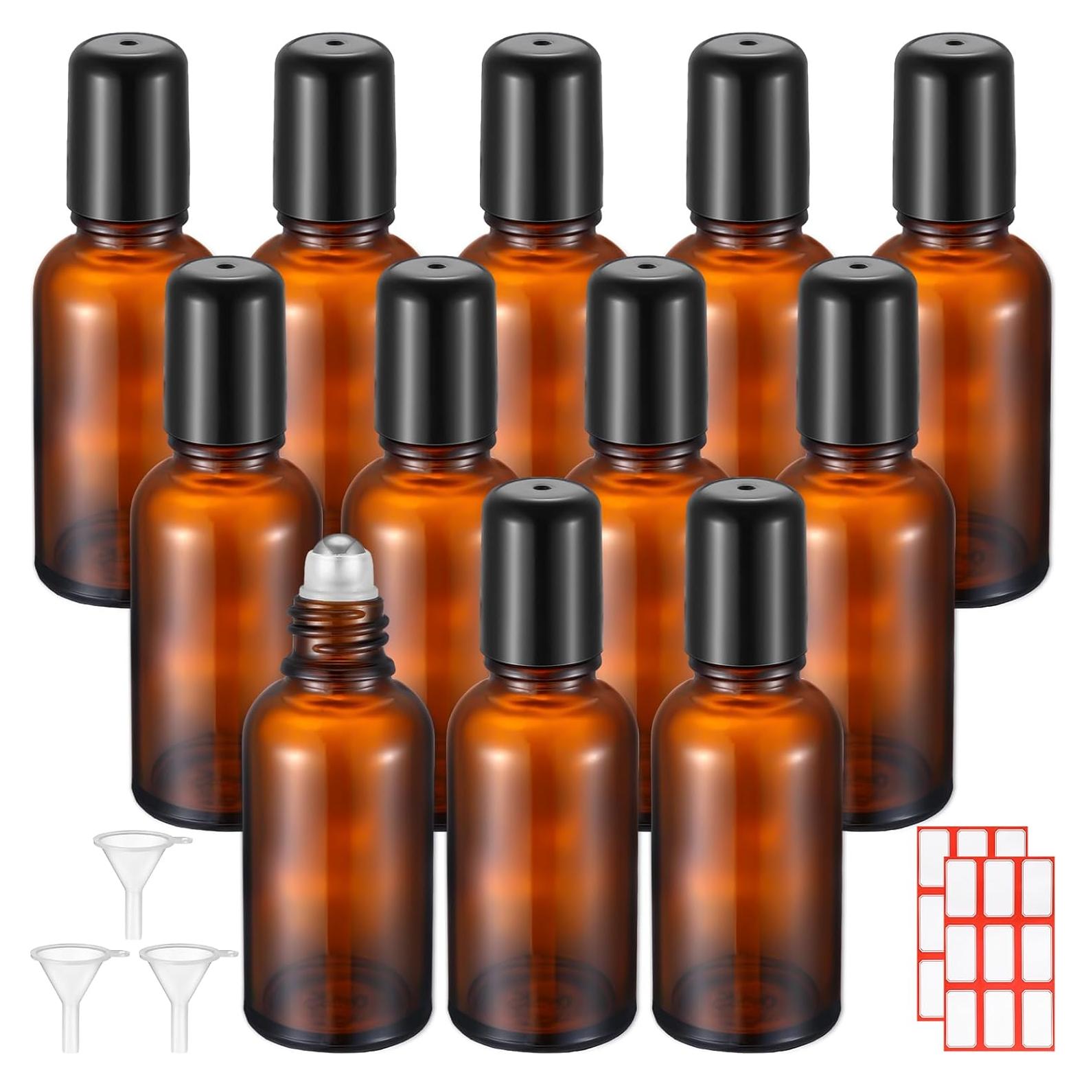 Sumind 12 Pcs 30ml Roller Glass Bottle Essential Oil with Stainless Steel Refillable Sample Container Brown Empty Roller Bottle Applicator with Funnel Sticker for Travel(Amber)
