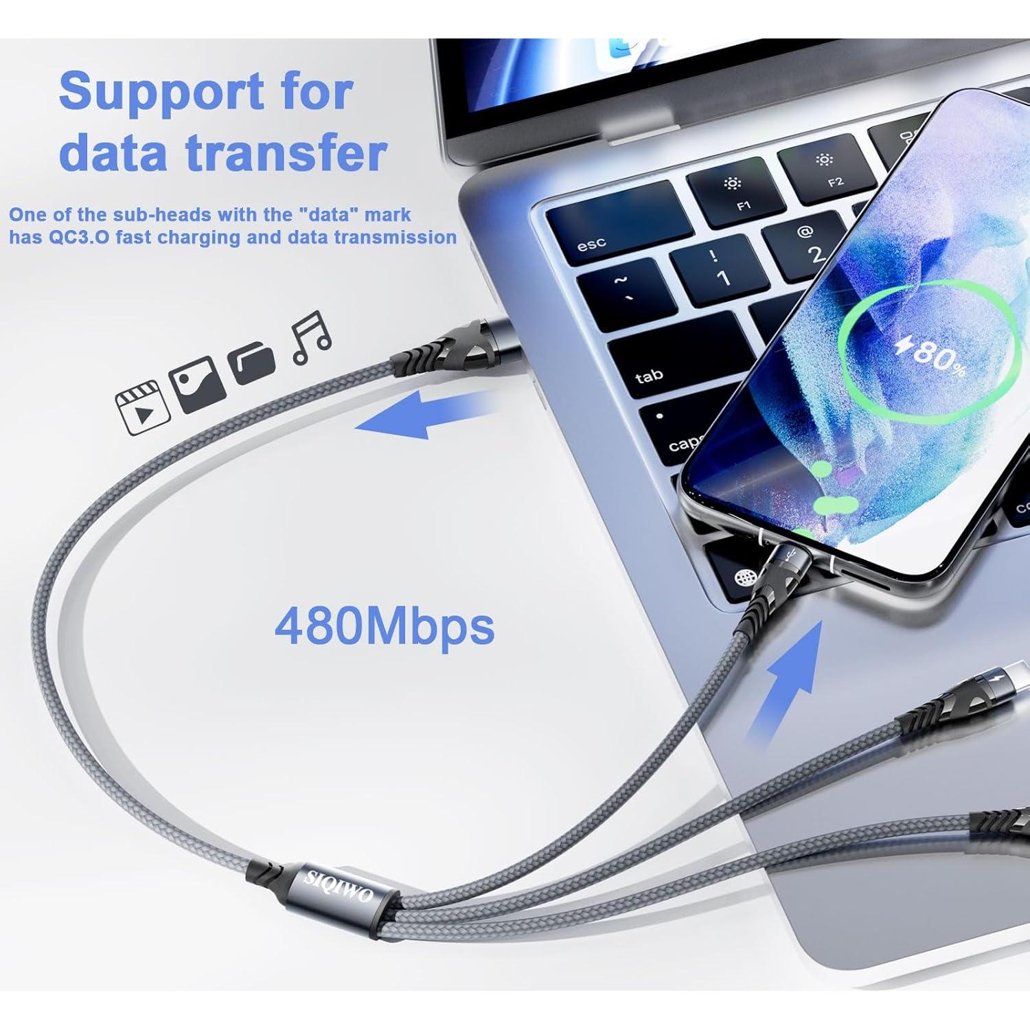 Cable Multi USB C SIQIWO 4FT 3 en 1 Carga Rápida QC 3.0