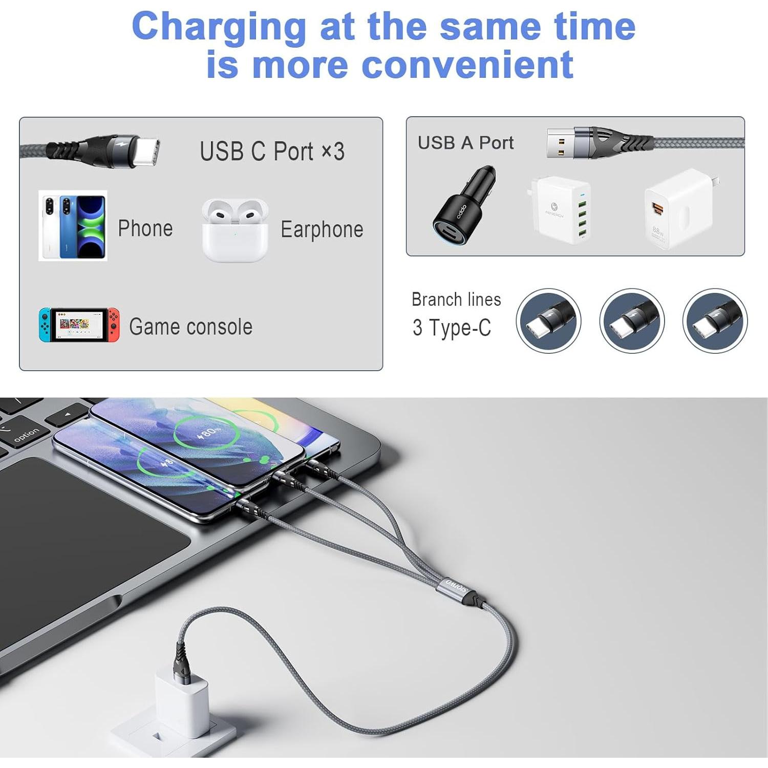 Cable Multi USB C SIQIWO 4FT 3 en 1 Carga Rápida QC 3.0