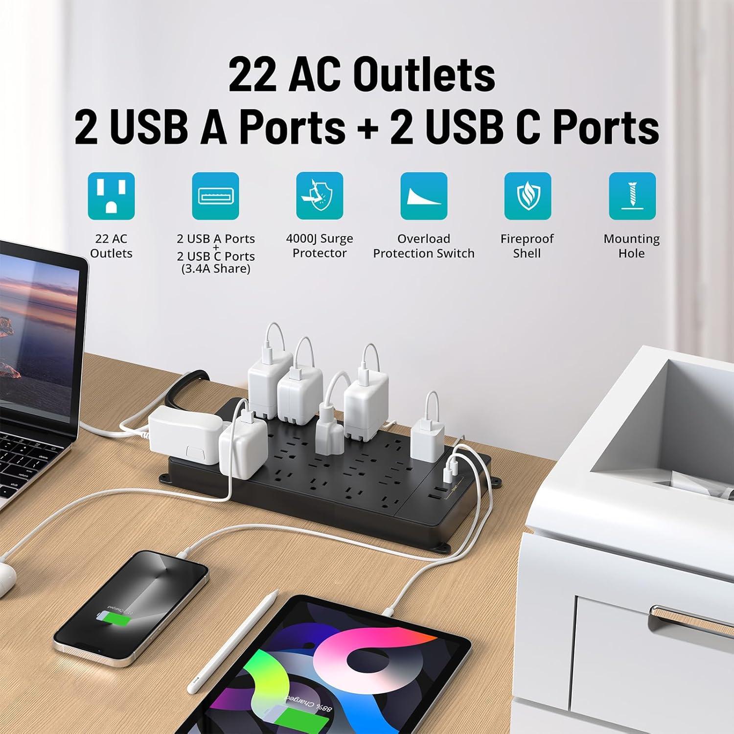 Regleta TROND Prime X 22 Salidas AC y 4 USB 5 Pies Negra