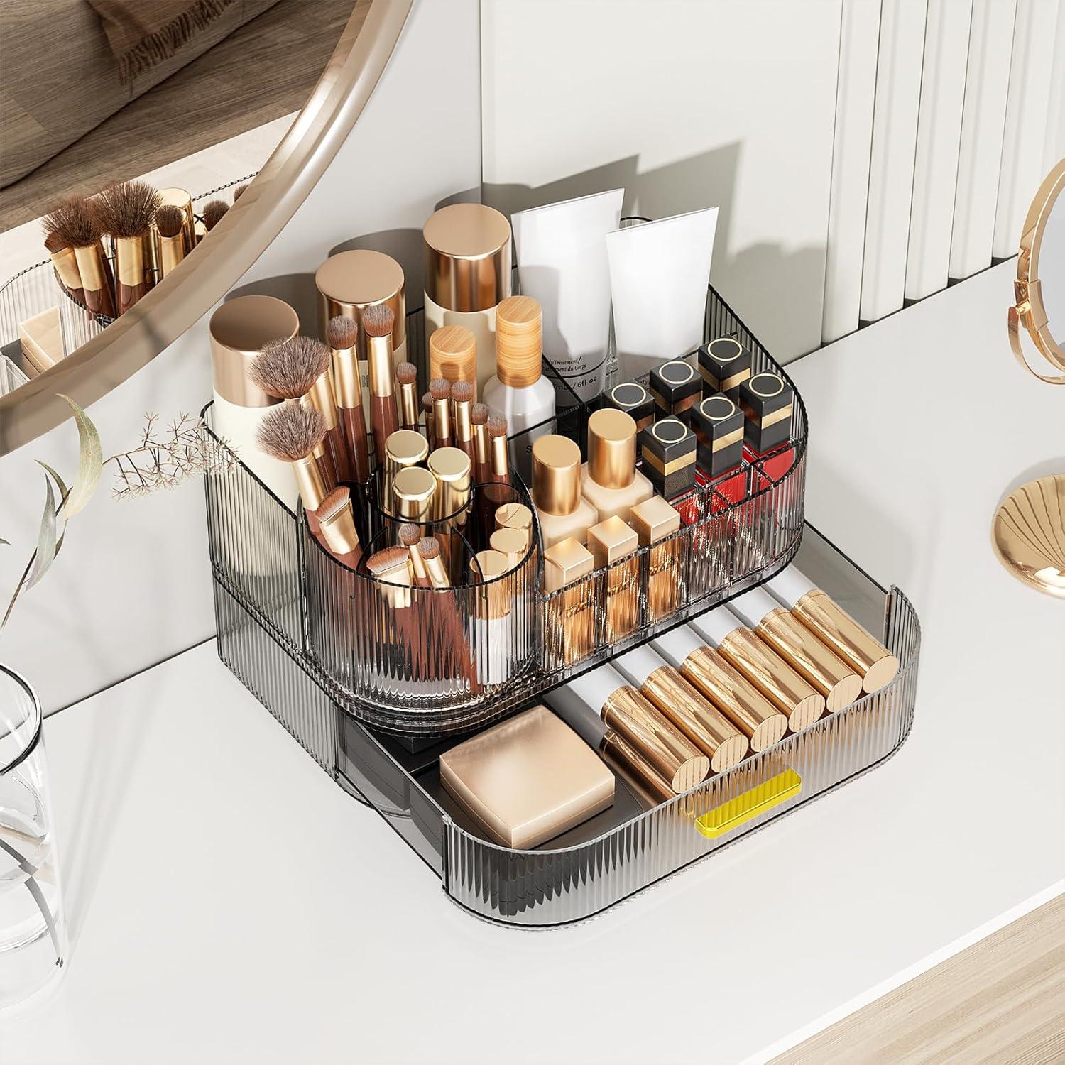 Organizador de Maquillaje Delamu Negro Cristal con Cajones Apilables