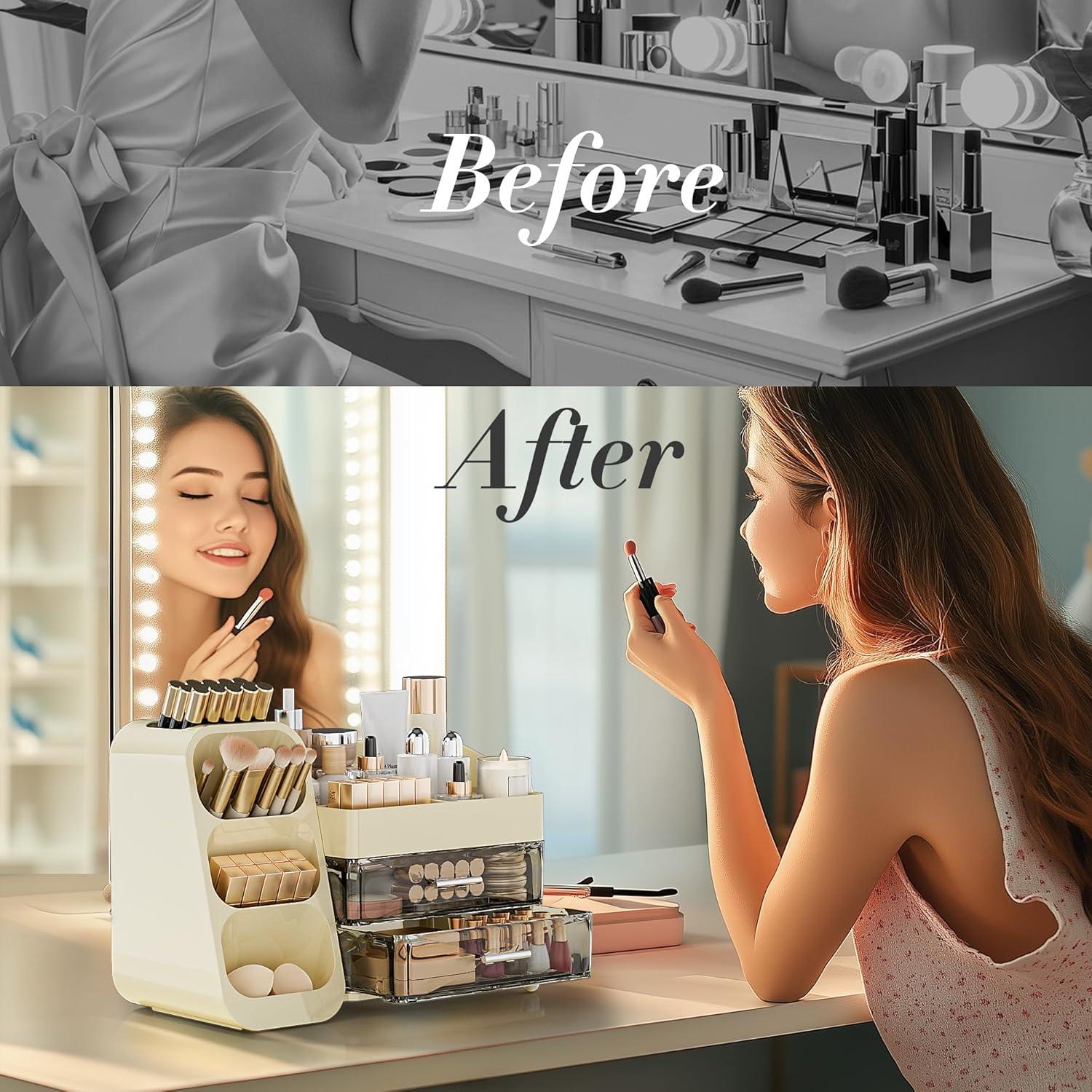 Organizador de Maquillaje Delamu Beige con Cajones y Soportes