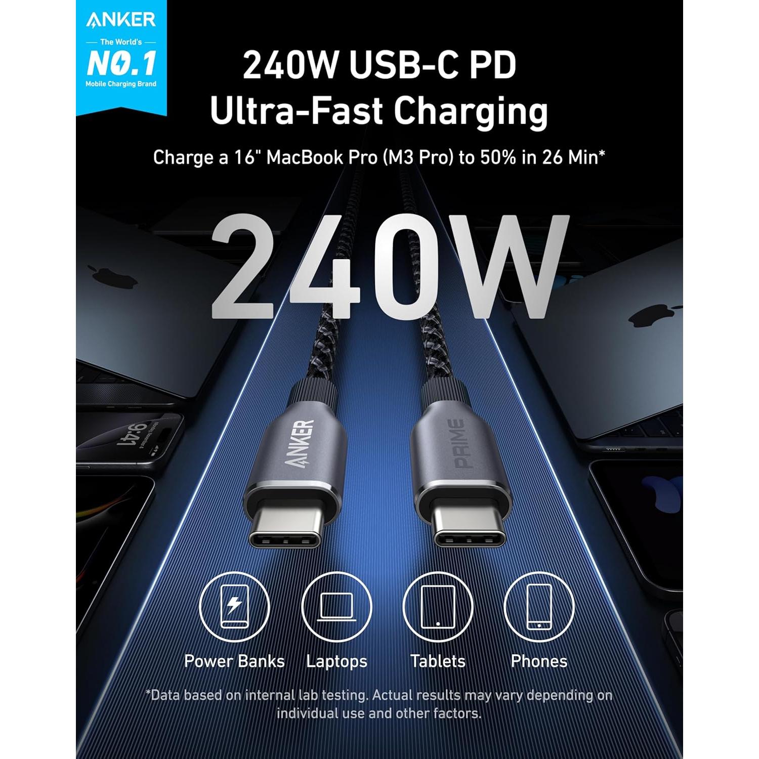 Cable USB C a USB C Anker Prime 240W 30.48 cm Trenzado Reciclado