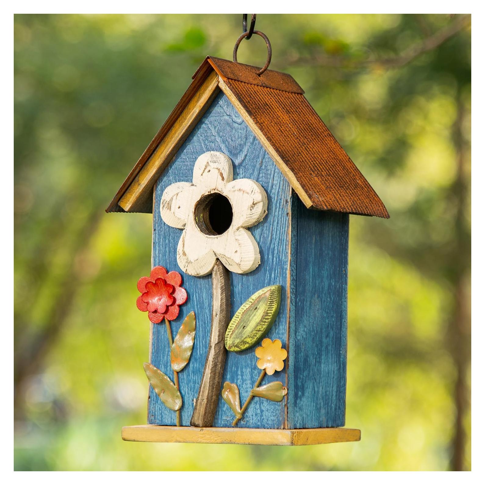 Casa de Aves Colgante Glitzhome 26cm Madera Azul Lavado