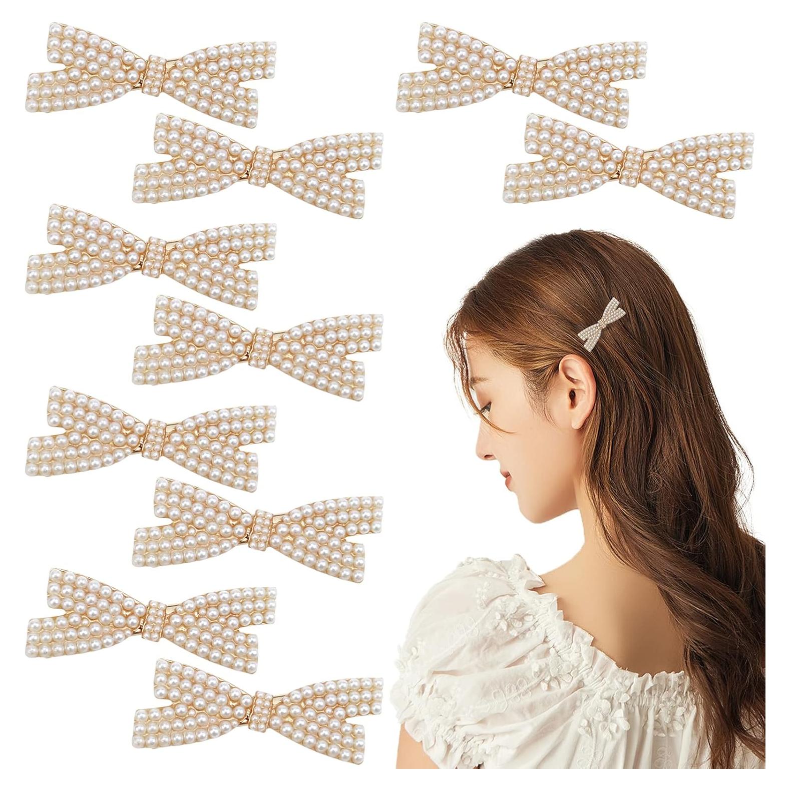 10 Clips de Pelo con Lazo de Perlas Dorados - Accesorios Elegantes