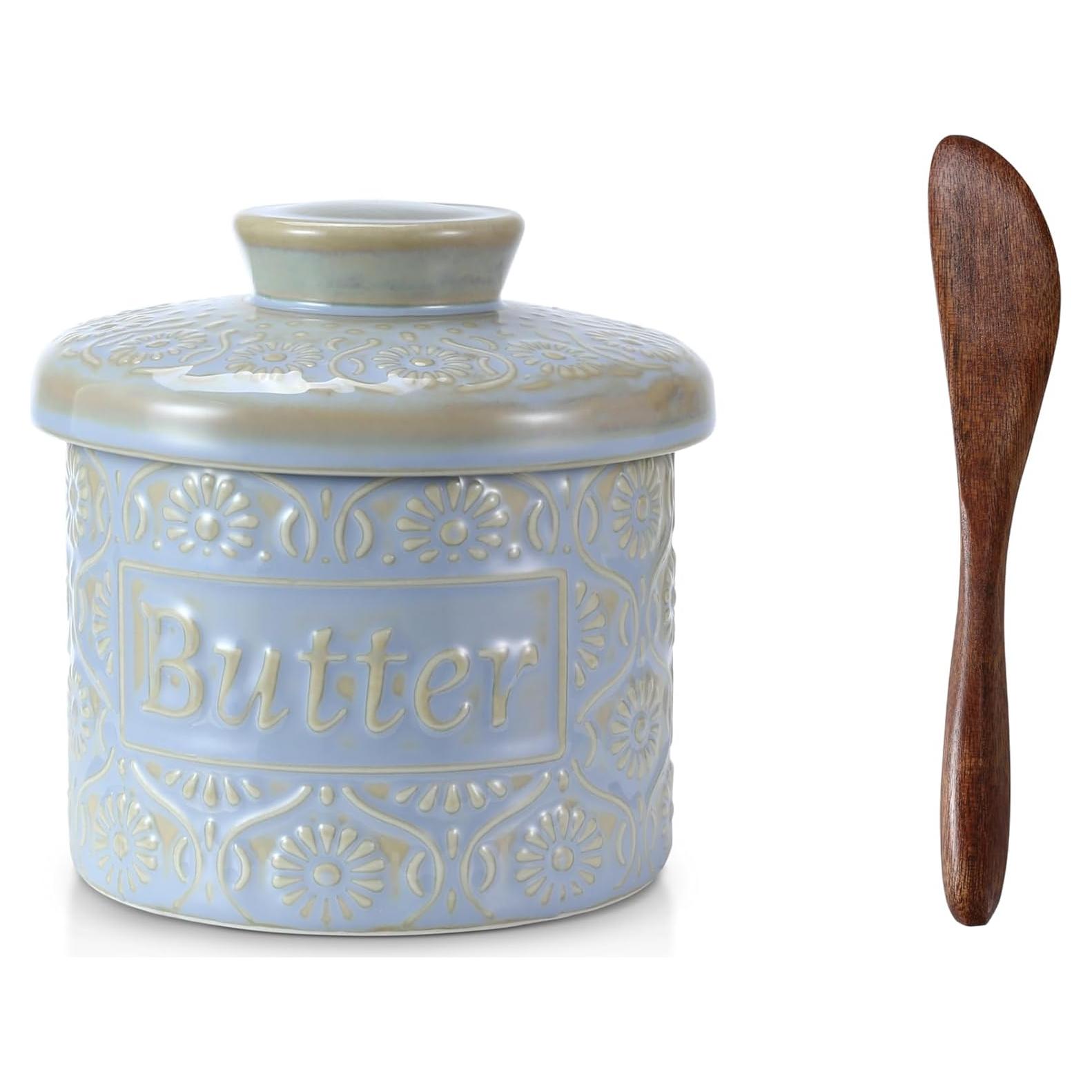 Crock de Mantequilla Cerámica iobiotio Azul con Tapa