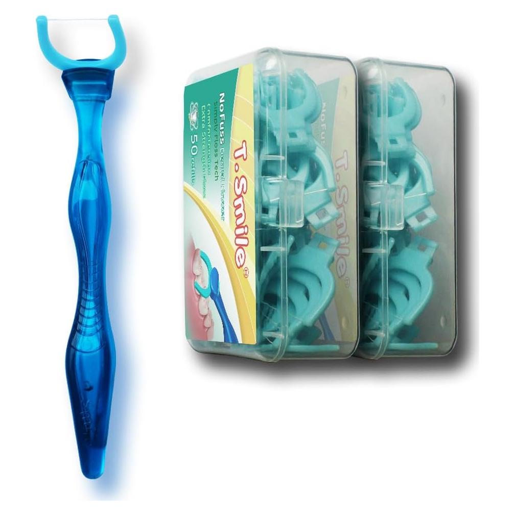 Kit de Hilo Dental T.Smile NoFuss, Mango Largo y 100 Repuestos