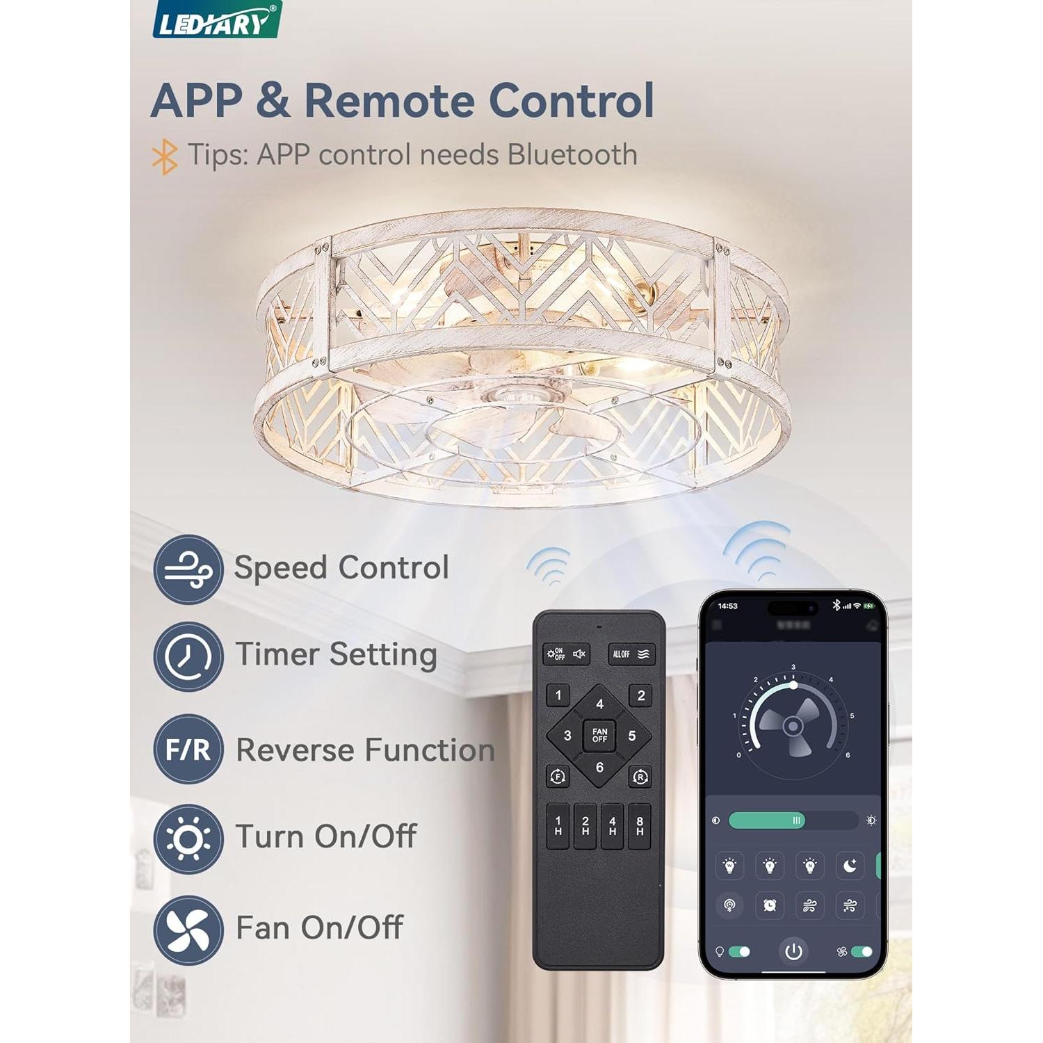 Ventilador de Techo LEDIARY 50.8 cm con Luz y Control Remoto