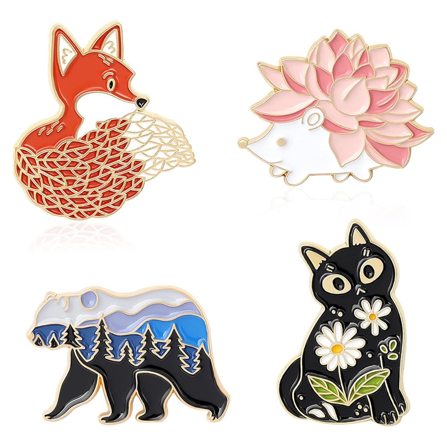 Conjunto de 4 Pines de Esmalte Animales - Zorro, Oso, Gato, Erizo