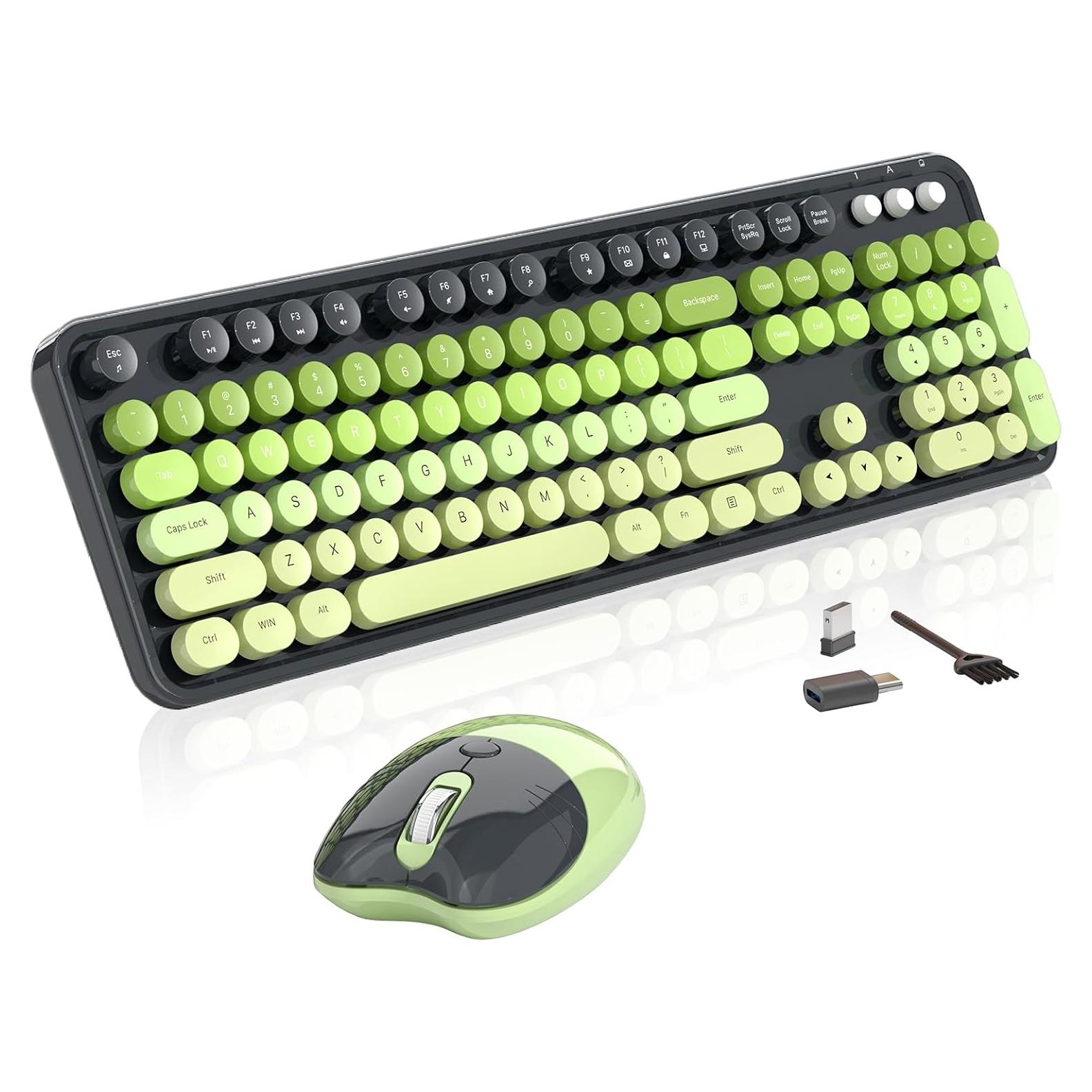 Teclado y Ratón Inalámbricos MOFII 104 Teclas Retro Ergonomico Verde Gris