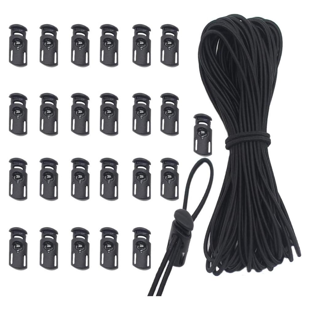 Bloqueos de Cuerda YaHoGa 25 pcs + 10 yardas Cuerda Elástica Negra