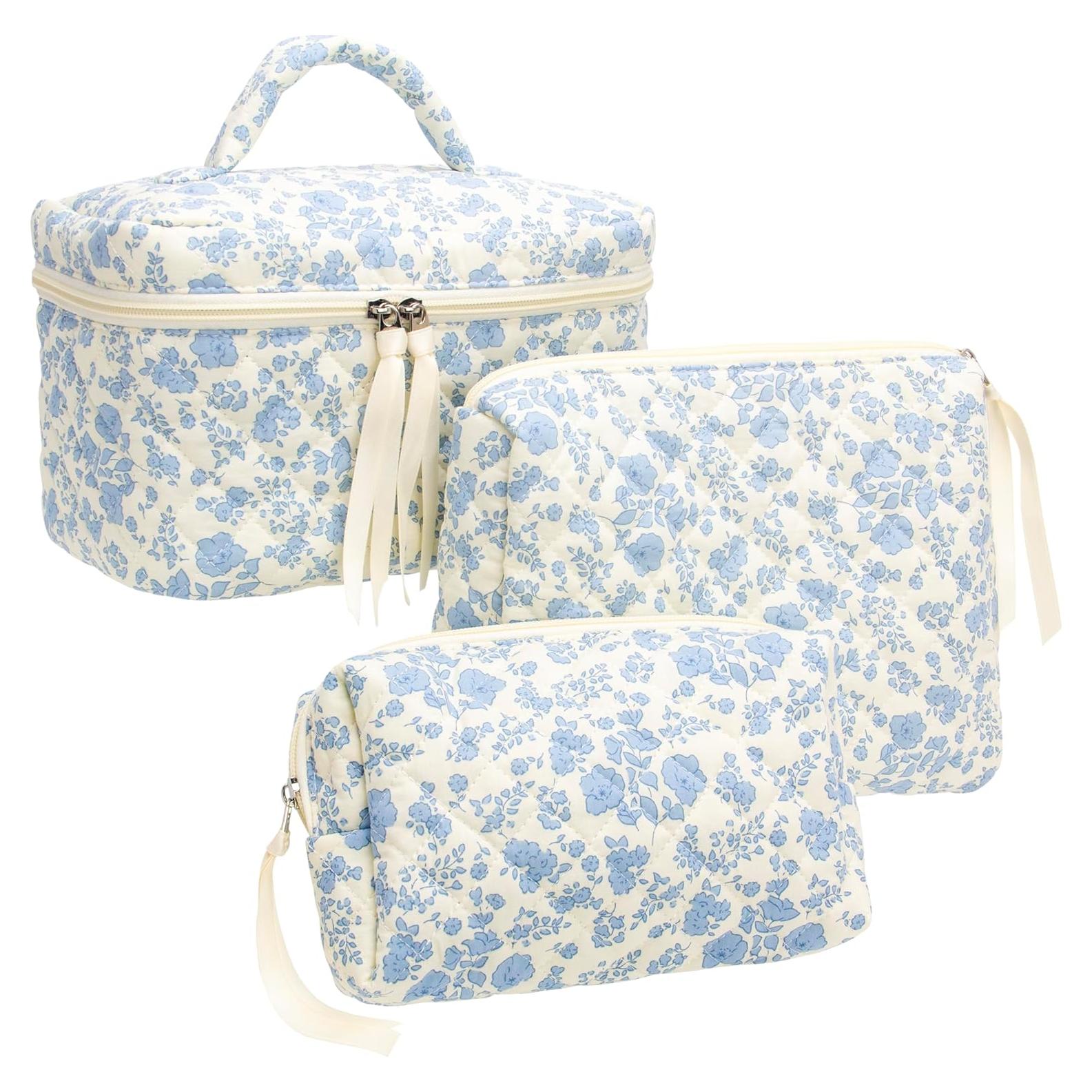Juego de 3 Bolsas de Maquillaje Acolchadas PAZIMIIK - Flor Azul