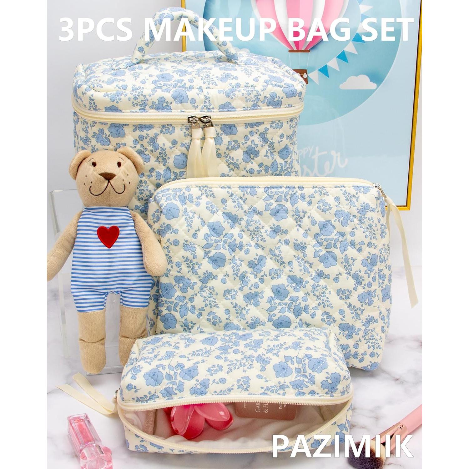 Juego de 3 Bolsas de Maquillaje Acolchadas PAZIMIIK - Flor Azul