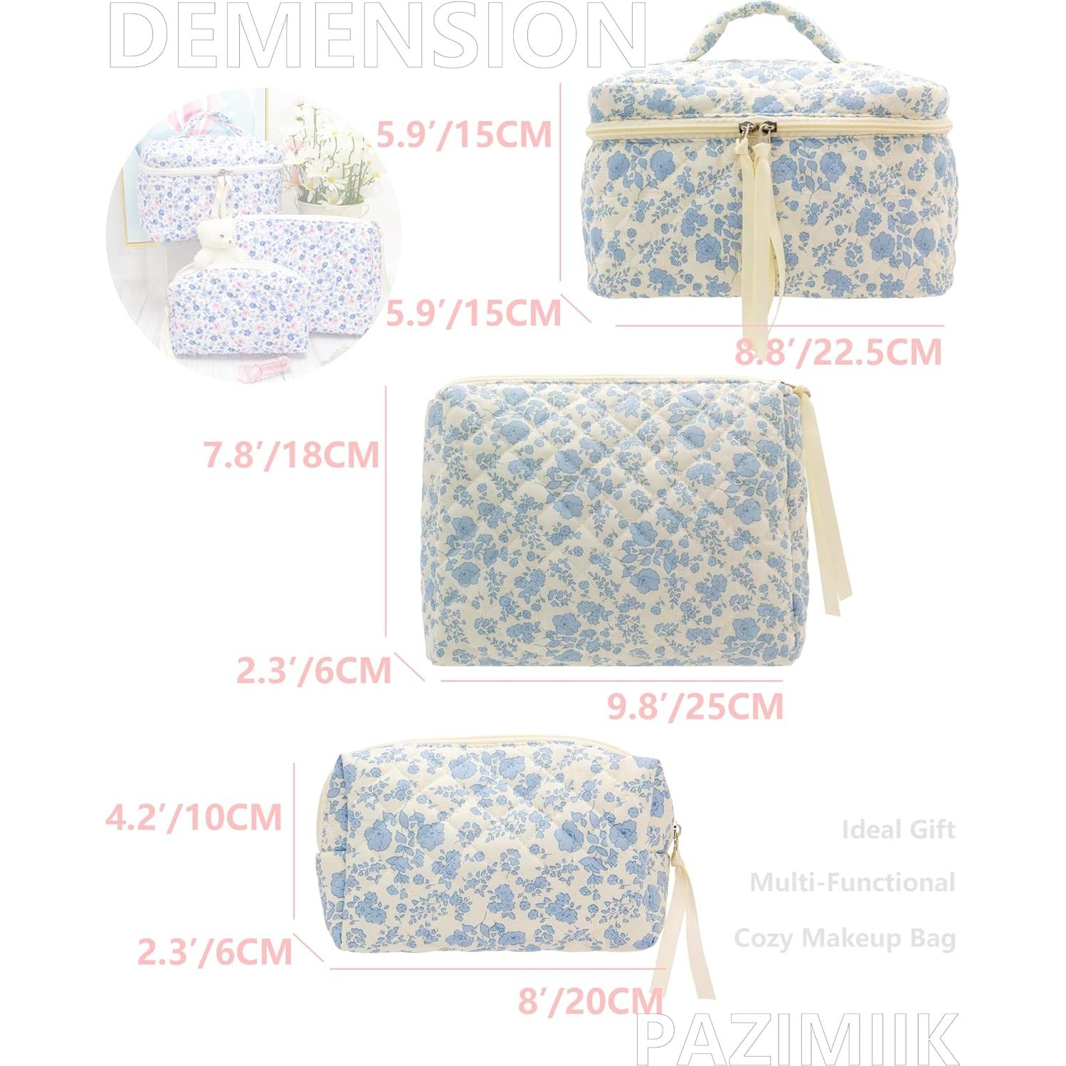 Juego de 3 Bolsas de Maquillaje Acolchadas PAZIMIIK - Flor Azul