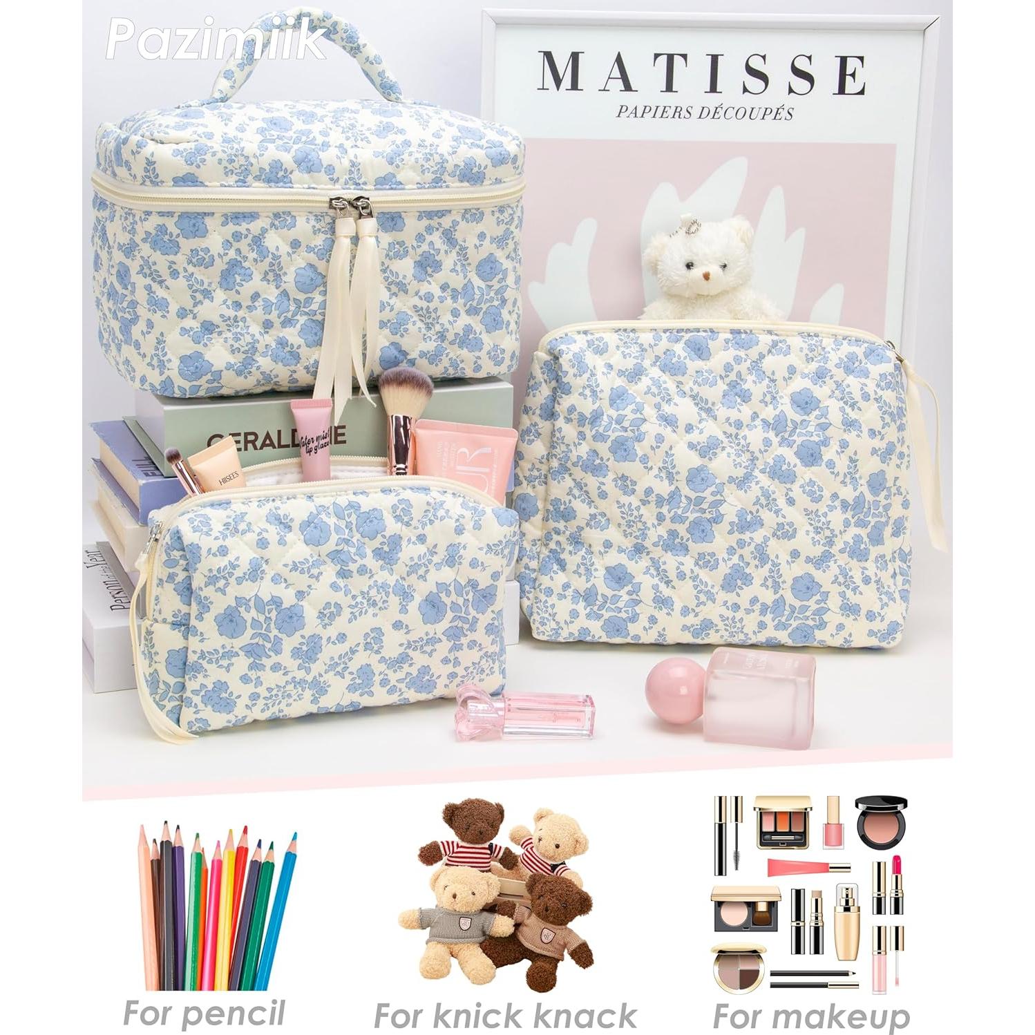 Juego de 3 Bolsas de Maquillaje Acolchadas PAZIMIIK - Flor Azul