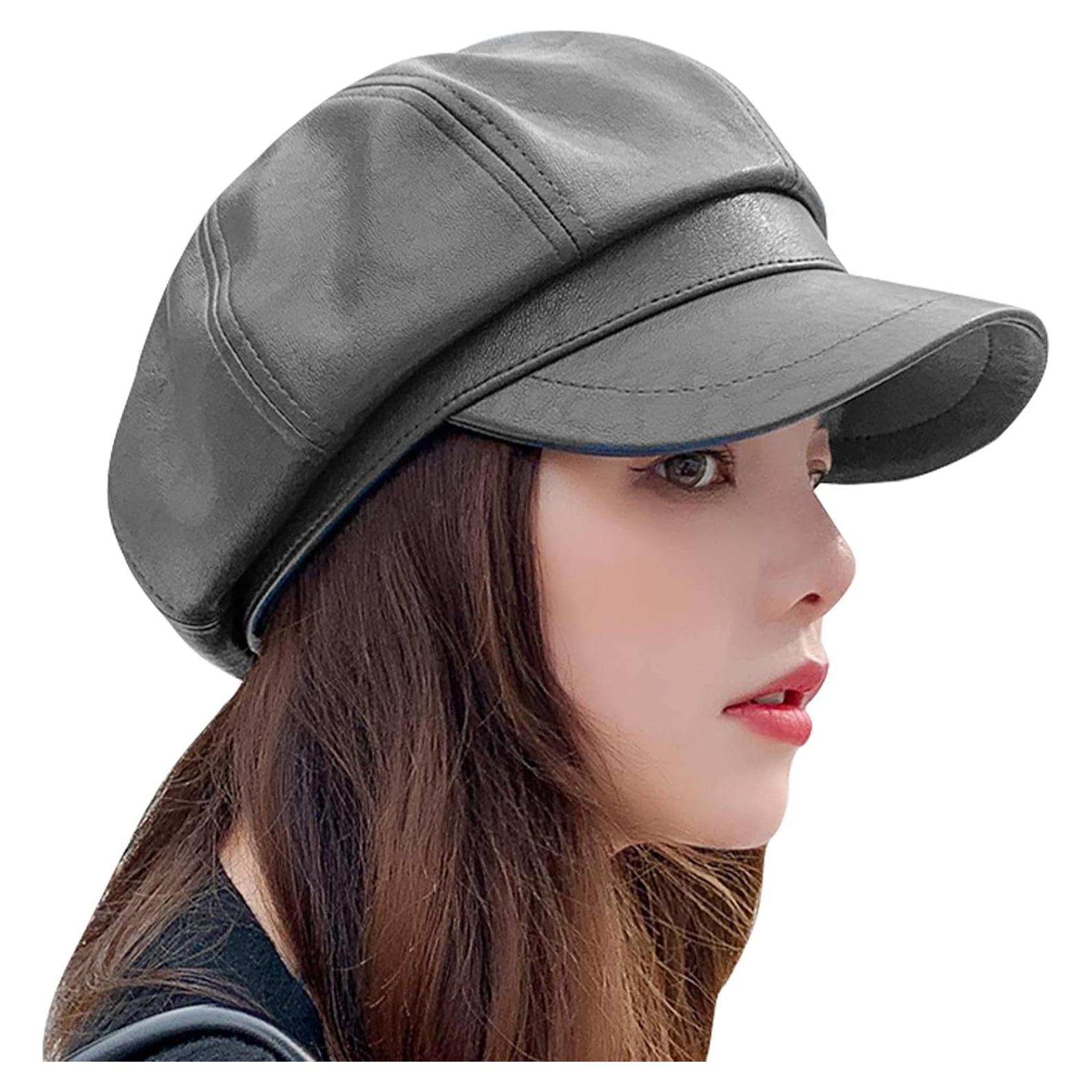 Gorra Beret de Cuero PU para Mujeres Talla Única Gris