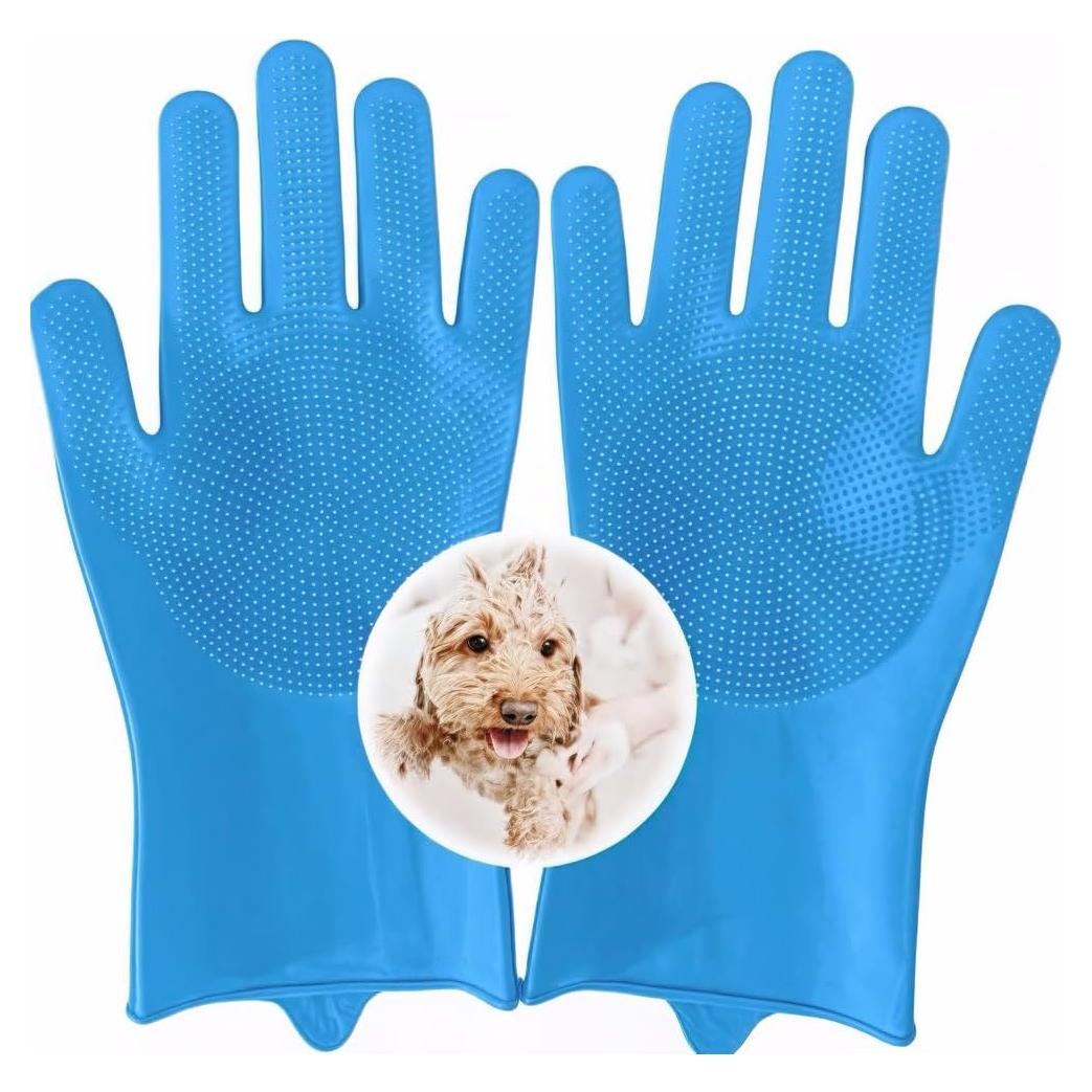 Guantes de Aseo para Mascotas PawBliss, Azul, 5 Dedos, Silicona
