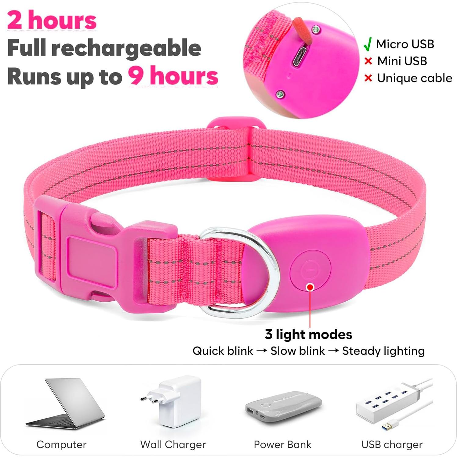 Collar LED Recargable PZRLit para Perros Medianos Rosa