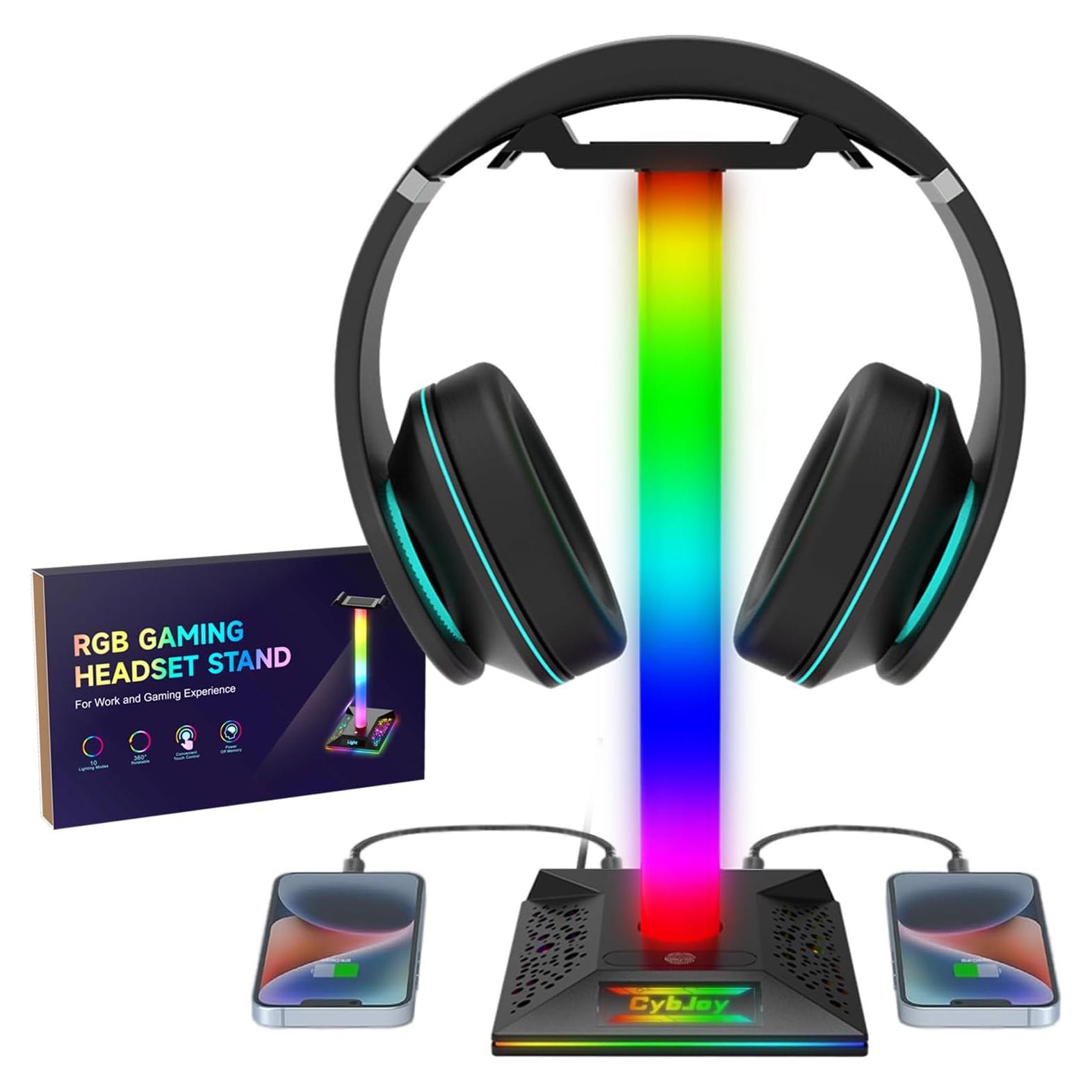 Soporte para Auriculares RGB CybJoy con 2 Puertos USB y 10 Modos de Luz