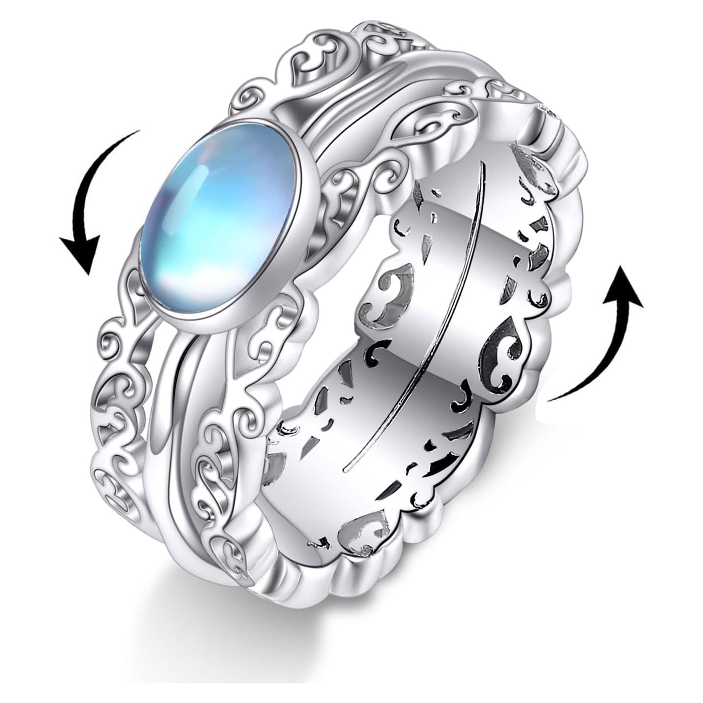 Anillo Antiestrés de Piedra Lunar 925 Plata Esterlina 7#