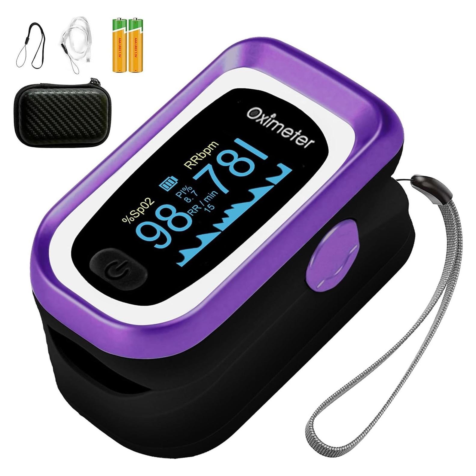 Oxímetro de Pulso Manhero Negro Púrpura con Tasa de Respiración