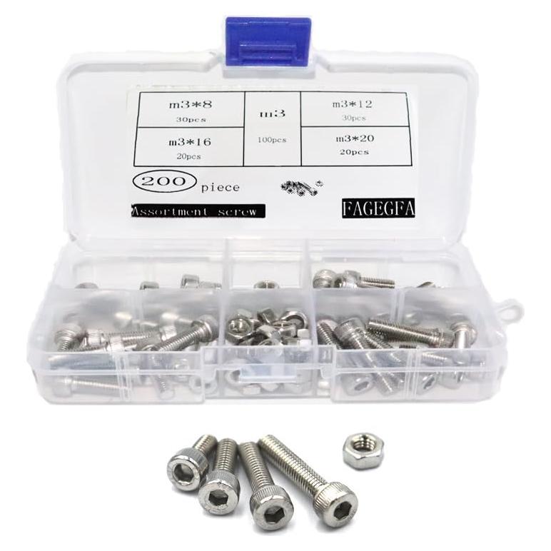 Juego de 200 Piezas Tornillos y Tuercas M3 Acero Inoxidable 304