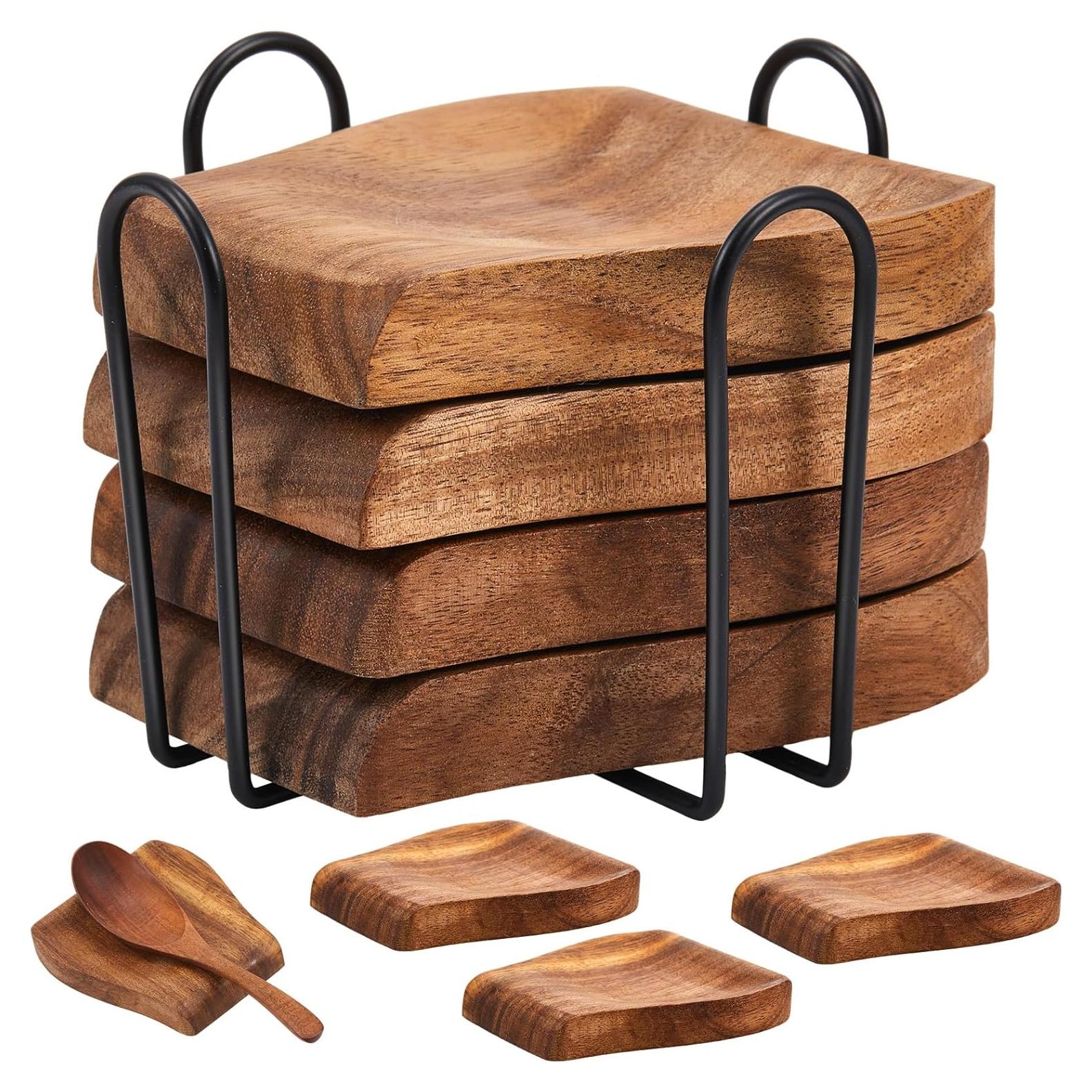 Juego de 4 Soportes para Cucharas de Madera Acacia con Soporte Metal