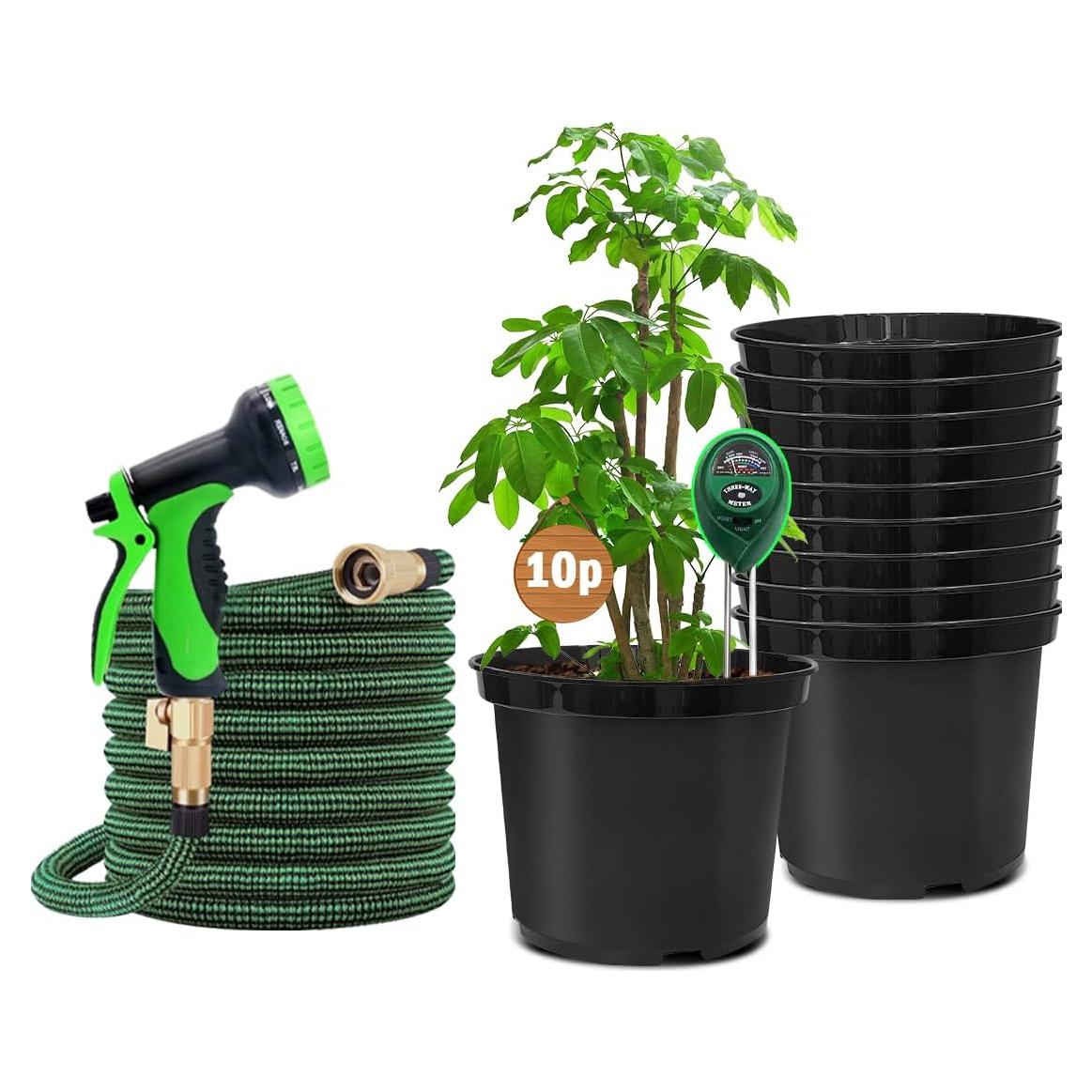 Kit de Jardinería RooTrimmer: 10 Macetas 19L, Manguera 15m, Probador 3 en 1