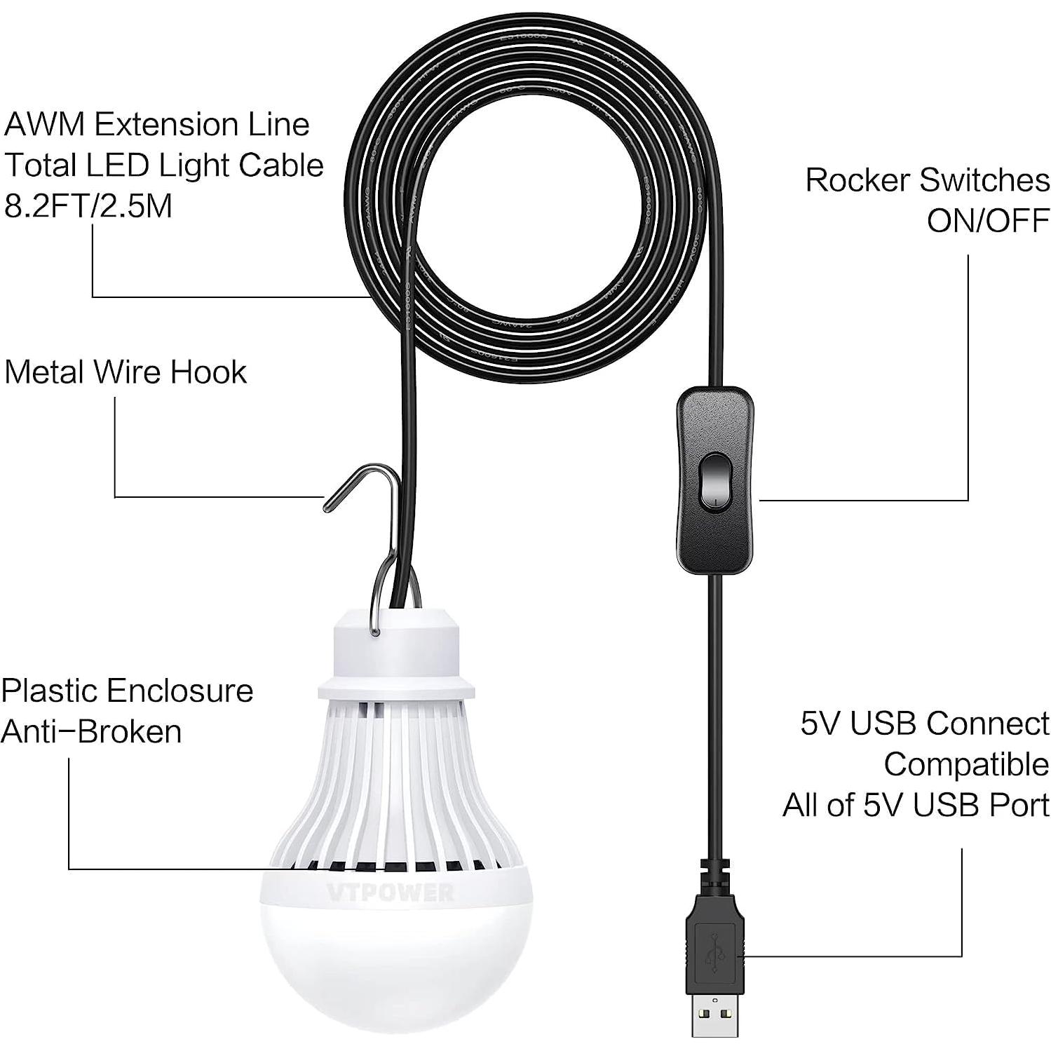 Paquete de 2 Bombillas LED USB VASTPOWER 5W con Cable 2.5m