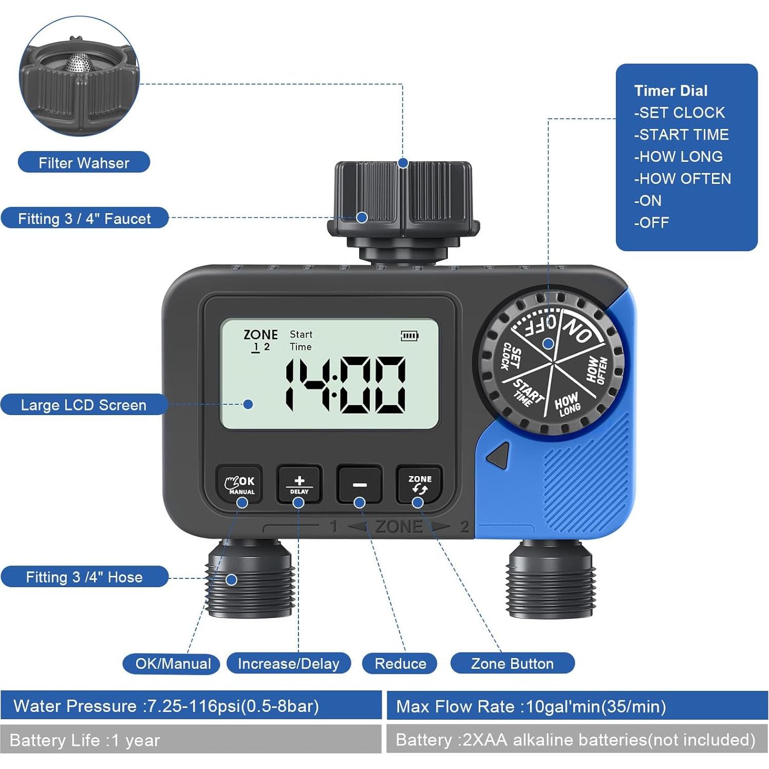Temporizador de Riego dgtenk GT329 2 Salidas Programable