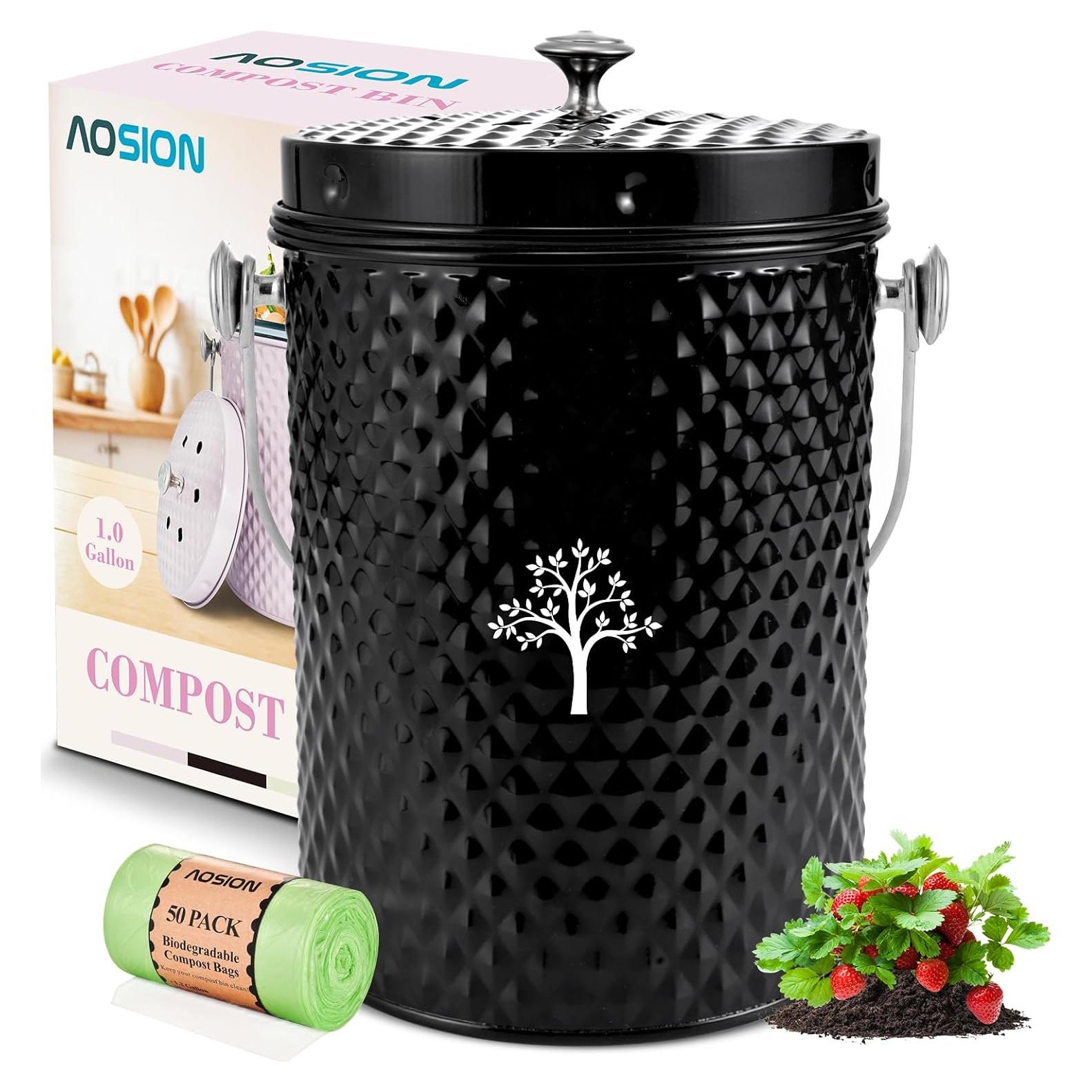 Cubo de Compostaje AOSION 3.8L Sin Olores Negro para Cocina