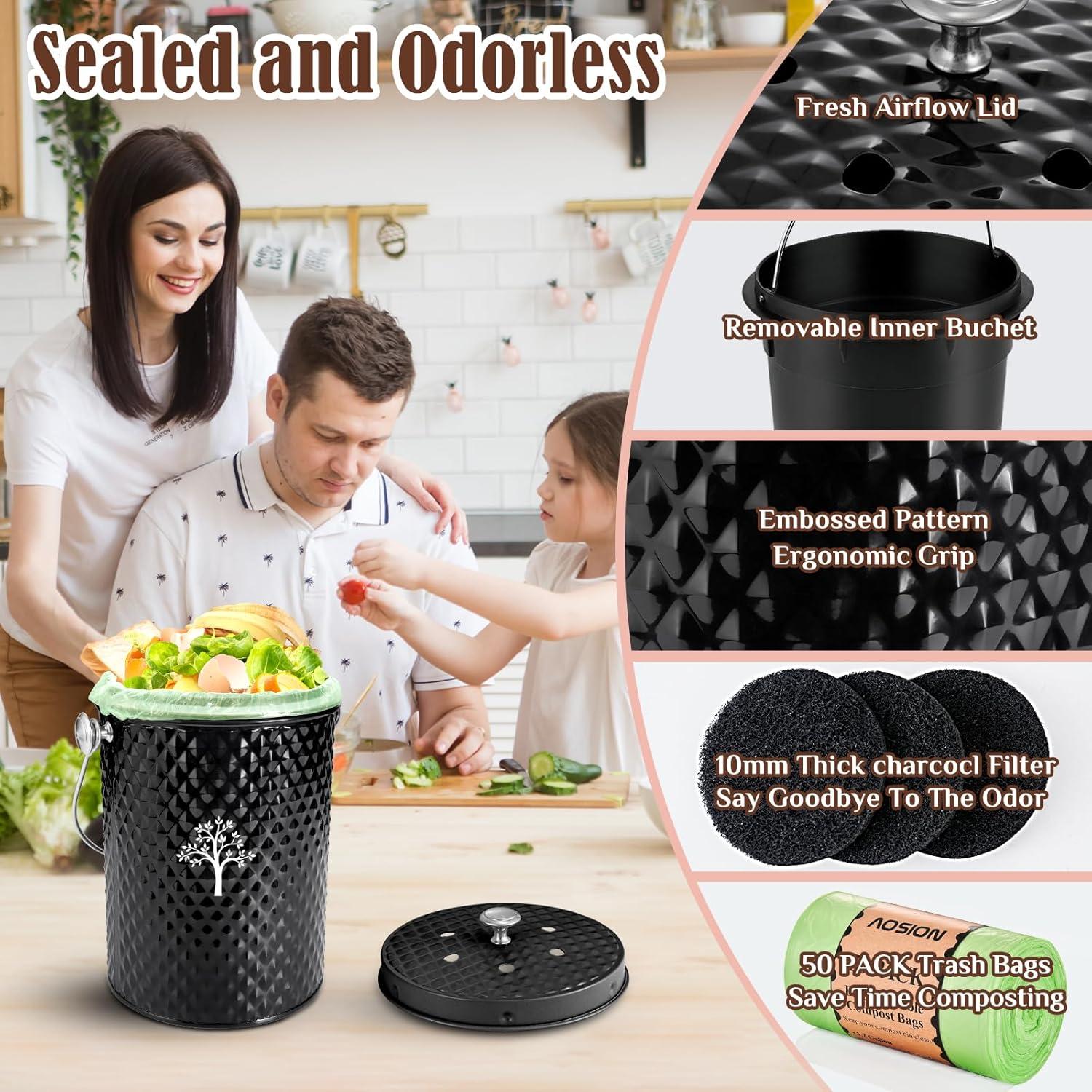 Cubo de Compostaje AOSION 3.8L Sin Olores Negro para Cocina